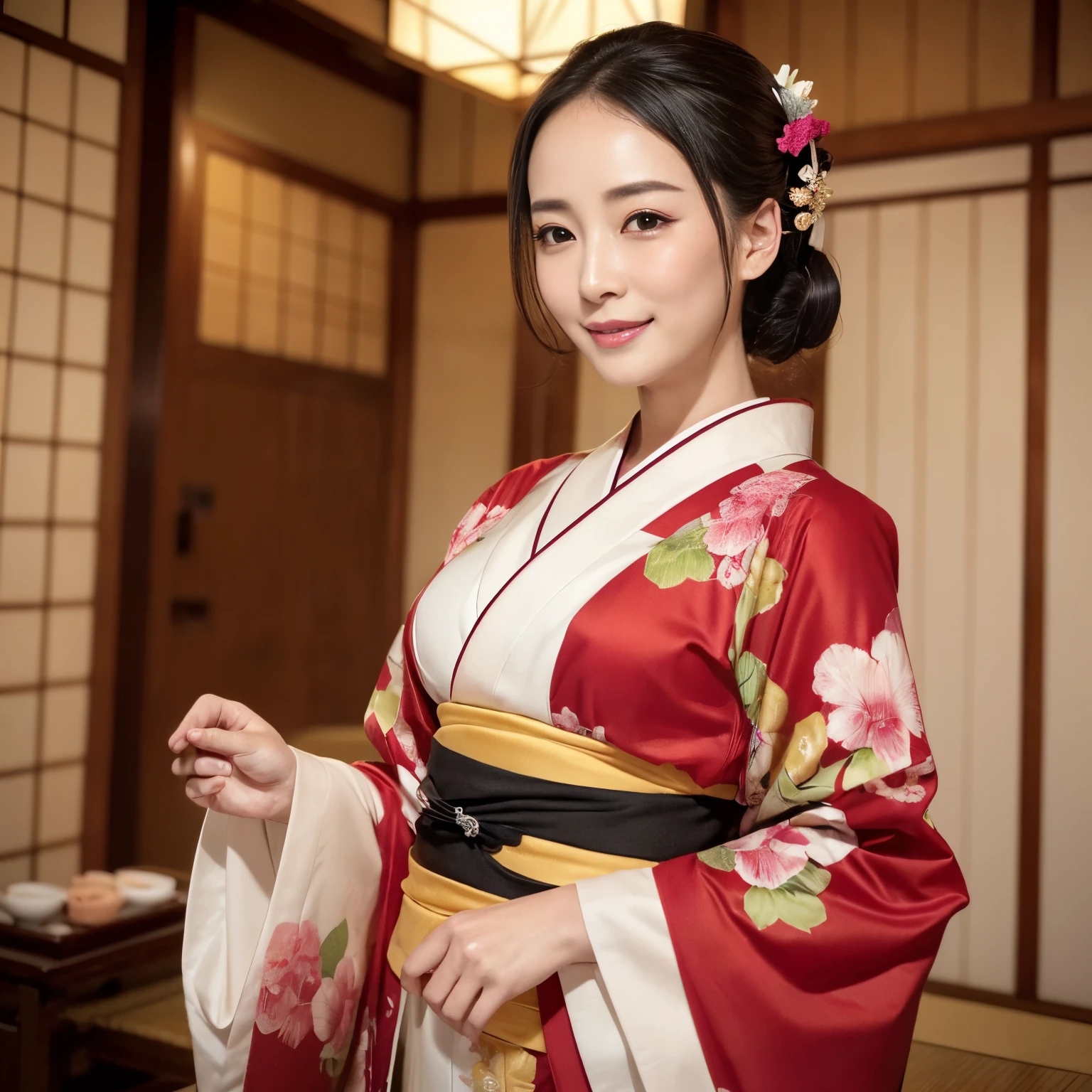 ((Best Quality, masutepiece, 超A high resolution、The most complex and detailed depictions、发光、Highly saturated、Bright and saturated、Vivid))、1人の女性、Pregnancy、Wearing a luxurious kimono、(((mournful、sad Facial expression、Sad smile、View me、Look at viewers)))、(Japanese style elegant kimono、Graceful standing、standing elegantly)、Elegant kimono、Shot from the waist up、(((Staring at me、Perfect gas chamber、look at me perfectly)))、A detailed face、Perfect glossy lips、perfect anatomia、elegantly styled hair、she is wearing an elegant hairpin.、natural make up、A detailed face、face perfect、Beautiful fair skin、perfect shiny skin and hair、The background is an elegant Japanese room、abundant hairline、large full breasts、Fluffy kimono、The chest is open、No bra