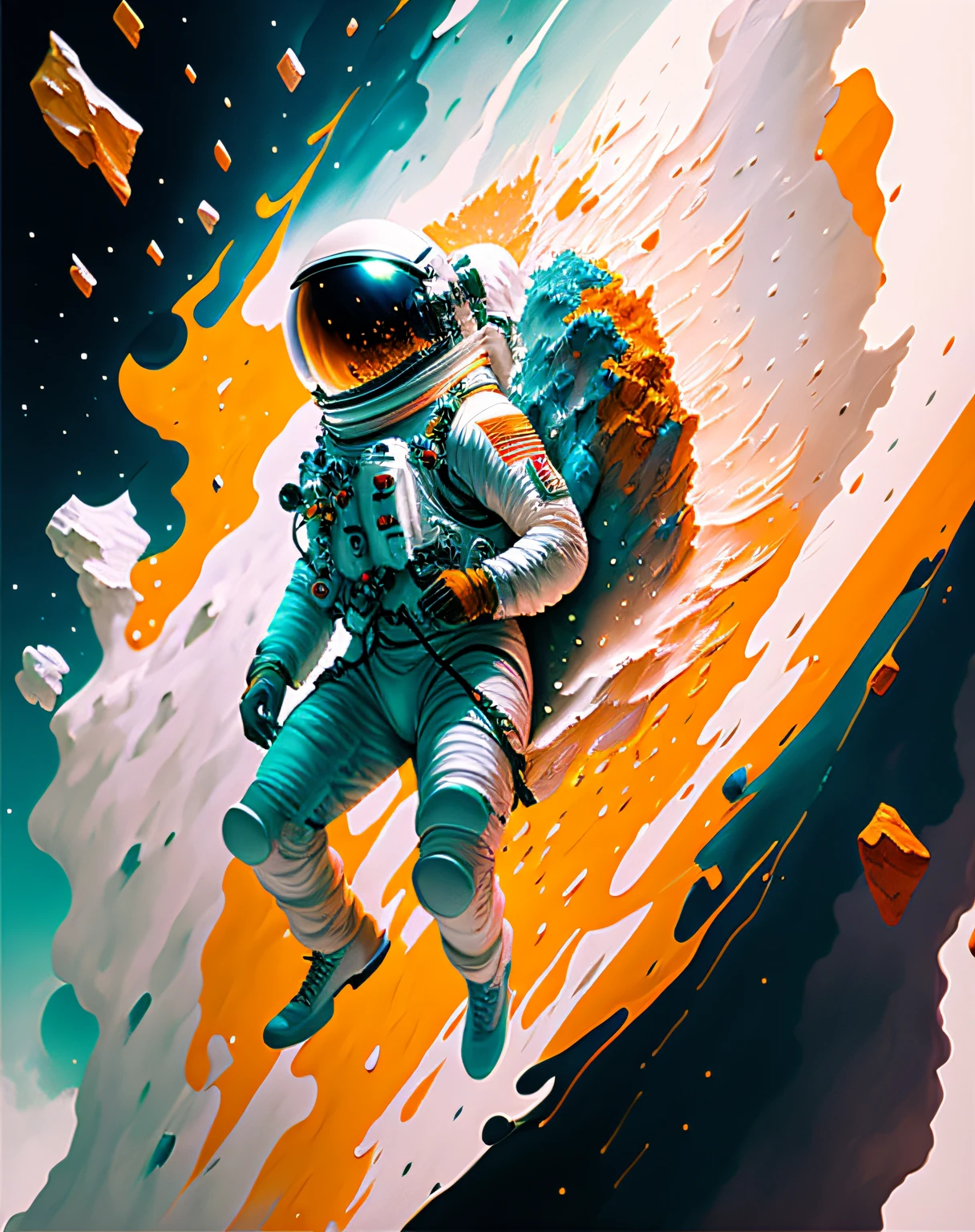 astronaut, climbing the asteroid, character render, ultra high quality model, ethereal background, abstract beauty, explosive volumetric, oil painting, heavy strokes, paint dripping
