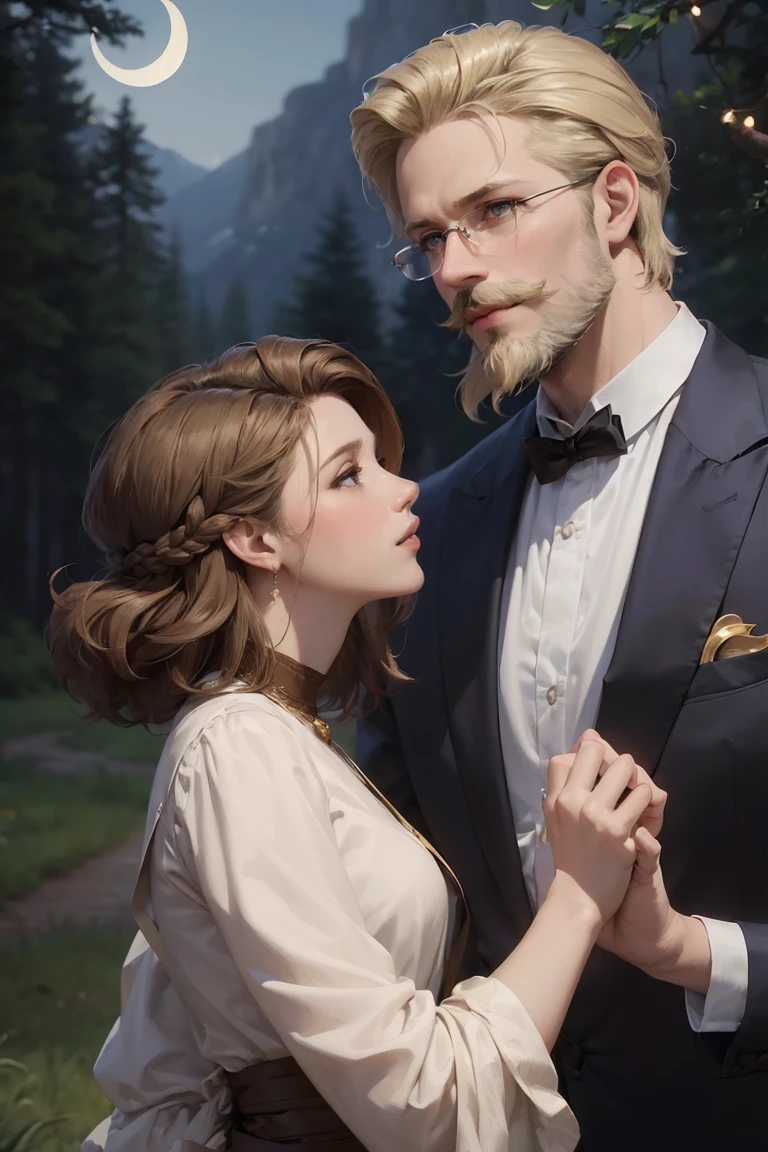 ((A couple in love)), ((woman with brown hair wearing a blue gown)), standing with ((a masculine man with short blonde hair and a full blonde beard with mustache, in a grey suit)) hair with many details, 8k artgerm bokeh, fanart best artstation, render photorealistic, guweiz-style art, inspired by WLOP, ig model | artgerm, detailed waist up portrait, stunning wait up portrait of realistic face, beautiful waist up portrait, deviantart artstation cgscosiety, cinematic realistic portrait, high quality portrait, elegant digital painting, photorealistic artstyle, ((night sky in the woods with crescent moon background))