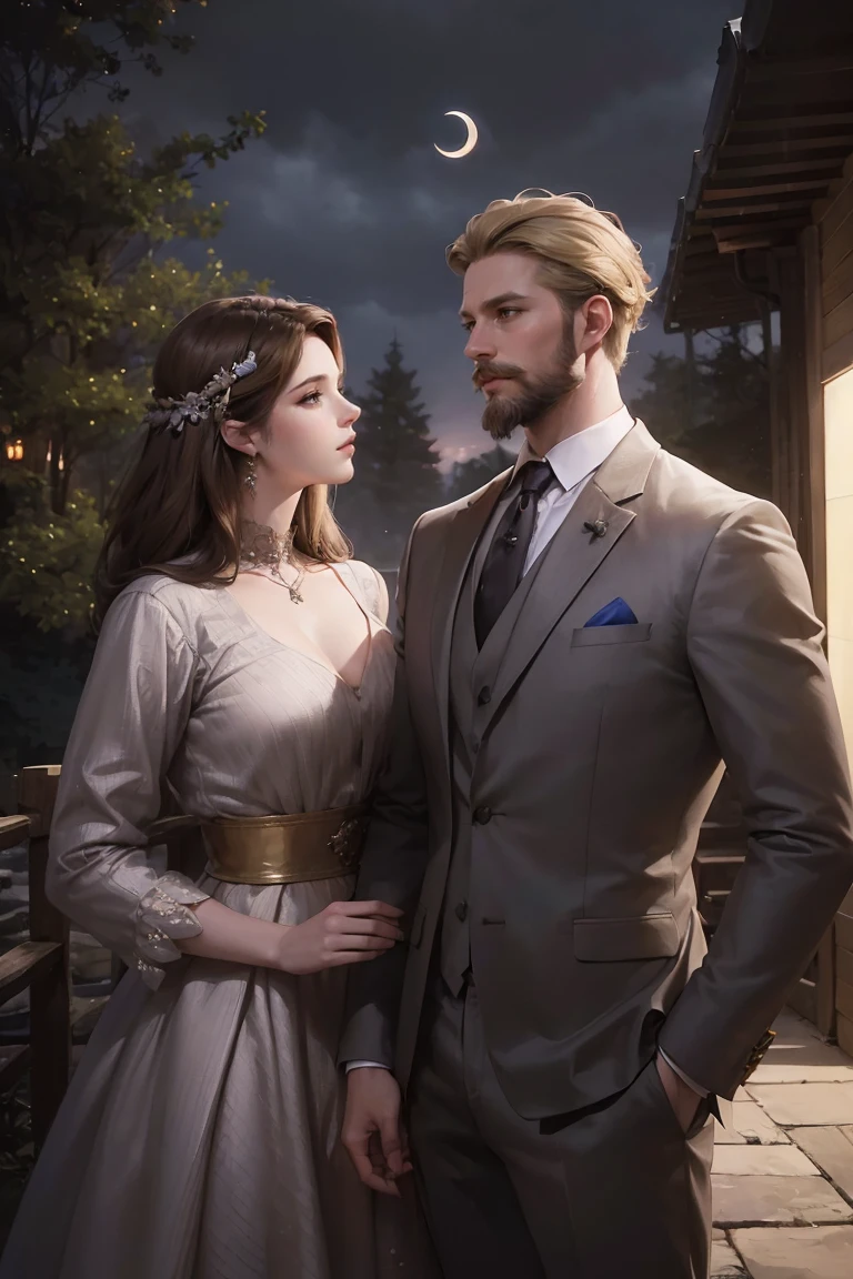 ((A couple in love)), ((woman with brown hair wearing a blue gown)), standing with ((a masculine man with short blonde hair and a full blonde beard with mustache, in a grey suit)) hair with many details, 8k artgerm bokeh, fanart best artstation, render photorealistic, guweiz-style art, inspired by WLOP, ig model | artgerm, detailed waist up portrait, stunning wait up portrait of realistic face, beautiful waist up portrait, deviantart artstation cgscosiety, cinematic realistic portrait, high quality portrait, elegant digital painting, photorealistic artstyle, ((night sky in the woods with crescent moon background))