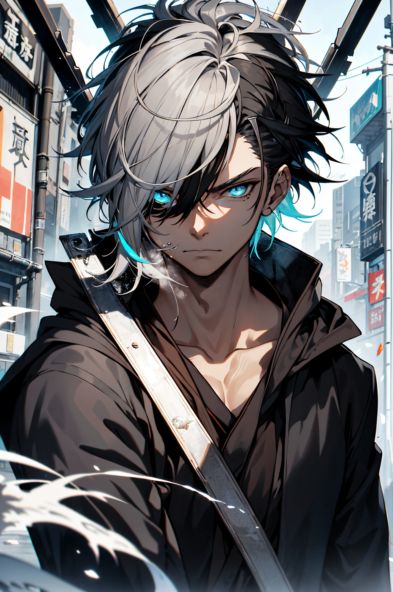 Cyberpunk male,fansty world,tokyo background,Clean design,Epic Instagram,artstation,Colorful paint splashes,contours,Hyper-detailed intricate details,unreal-engine,fanciful,Complicated details,splash image,complementary colours,fantasy concept art,8K分辨率,A masterpiece of deviantart,oil painted,Heavy strokes,paint drips,(Isolate on a white background:1.3),Rainbow skins,(((A handsome young))), ((teenage:1.5)), (glow blue eyes), ((Eyes have light)),((((Short gray hair:1.1))), ((black-clad)), (prinz\\(Indifferent expression\\),, (((Wearing a luxurious black robe with high details))), A head of white hair,(chest muscle) --v 6