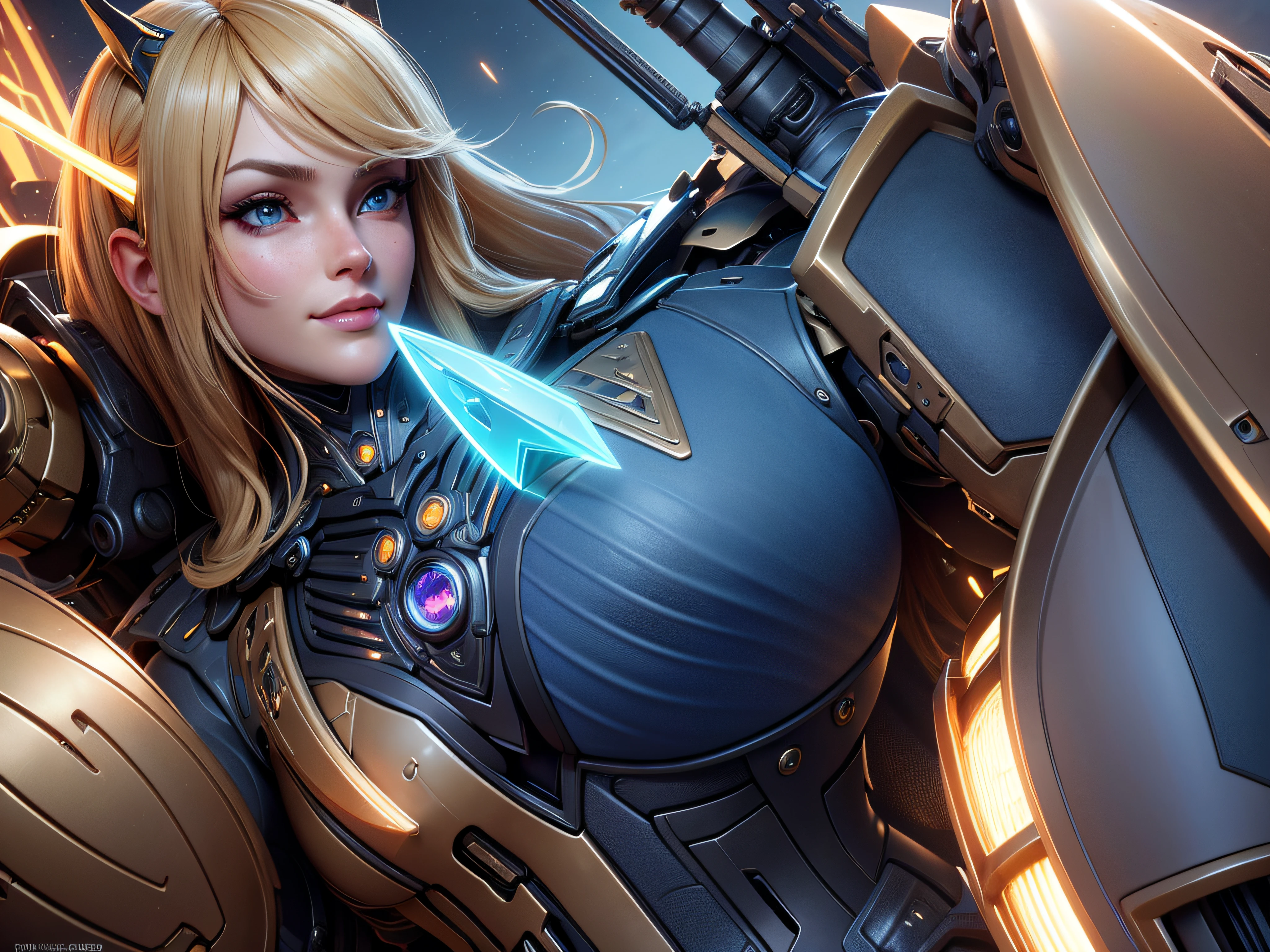 (best quality,4k,8k,highres,masterpiece:1.2),ultra-detailed,(realistic,photorealistic,photo-realistic:1.37),young natural blonde, freckles,anime eyes,smokey eyeliner,sexy smile,dynamic pose,Mecha warrior,hourglass figure,cleavage,illustration,metallic texture,detailed armor,mechanical joints,energetic and fierce,sci-fi background,harsh dramatic lighting,vibrant colors,multiple light sources,blue color palet