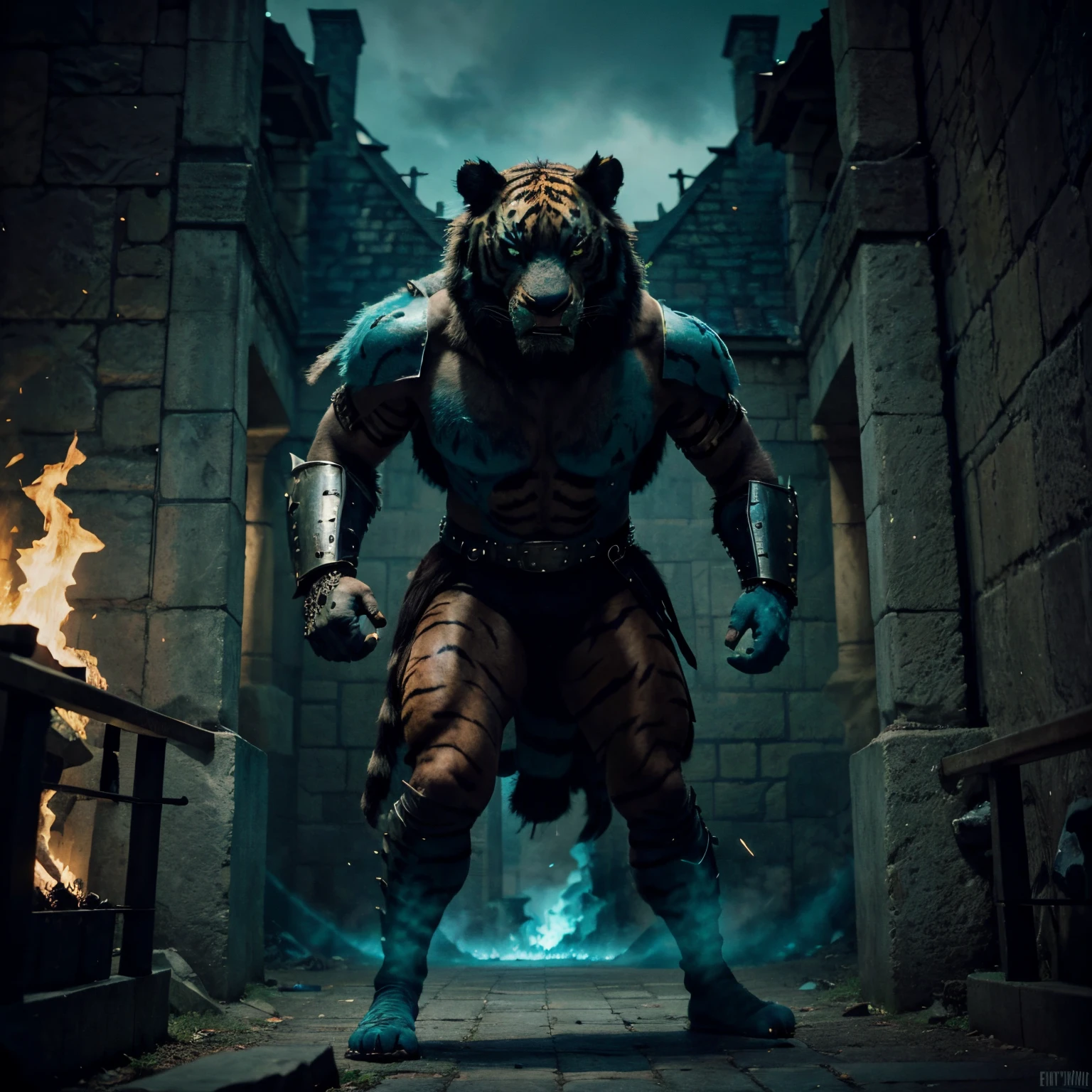 Giant 12 ft cyan fur tiger-man, gaurding the entryway to a dark ominous castle, ultra realistic, high resolution 4k, fantasy, Picasso style, tiger-man weilding enourmous fire sword. Sharp bright green eyes, starring and snarling at the camera, wearing worn black riveted armor, smoke eminating from eyes.