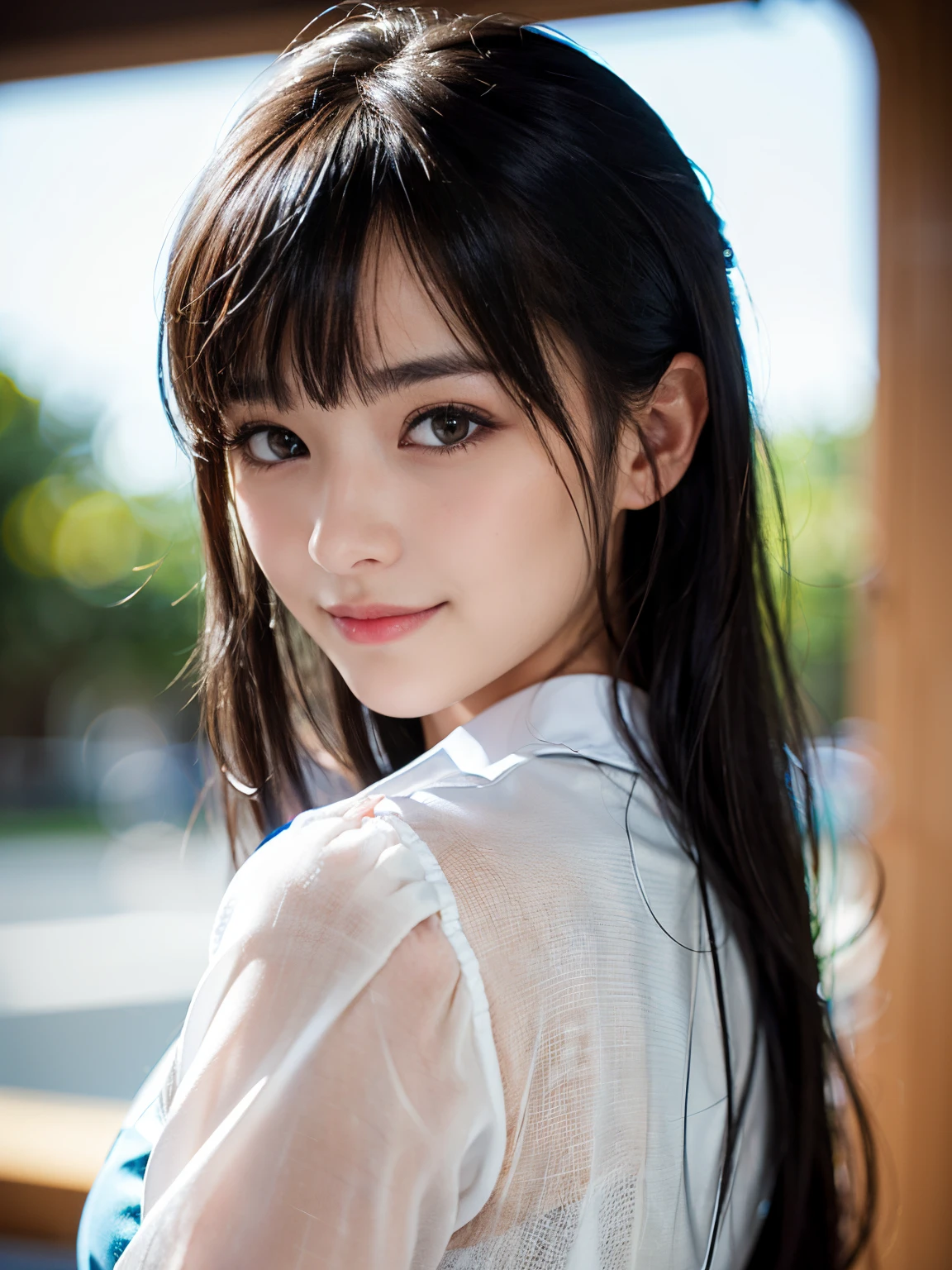 (8K, Raw photo, Best Quality, masutepiece:1.2), (Realistic, Photorealsitic:1.4), (Very detailed 8k wallpaper), Sharp Focus, depth of fields, blur backgroun, Bokeh,  Cinematic lighting, Soft light, Upper body, (17 year old cute Japanese woman)、Cute Idol,(delicate nose)、Delicate girl、Black Long Hair、(realistic textured skin)、(Natural color lips)、(delicate bangs)、Beautiful hairstyle、(tthin eyebrows)、 (Girls' Uniforms: 1.5), Smile