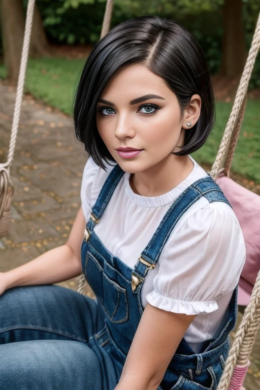Petite 30 year old woman with golden black hair in a short undercut bob with hair covering one eye and blue eyes wearing eye liner, pink lips, wearing a dungaree, detailed face, sitting on a swing outside