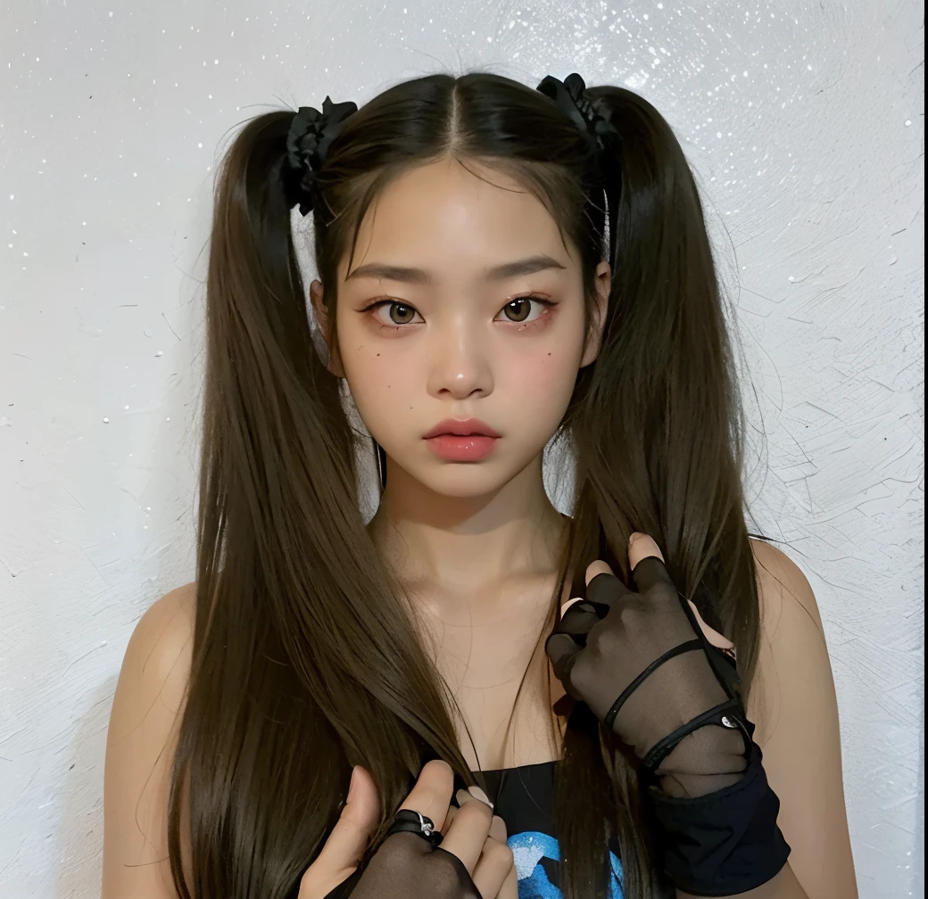 araffe girl with long hair and gloves on posing for a picture, blackpink jennie, with black pigtails, pigtails hairstyle, jossi of blackpink, two pigtails hairstyle, portrait of jossi of blackpink, twintails hairstyle, she has two ponytails, ulzzang, pigtails hair, roseanne park of blackpink, pigtails, pigtail