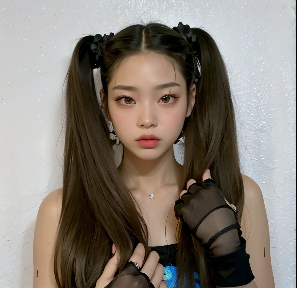 araffe girl with long hair and gloves on posing for a picture, blackpink jennie, with black pigtails, pigtails hairstyle, jossi of blackpink, two pigtails hairstyle, portrait of jossi of blackpink, twintails hairstyle, she has two ponytails, ulzzang, pigtails hair, roseanne park of blackpink, pigtails, pigtail