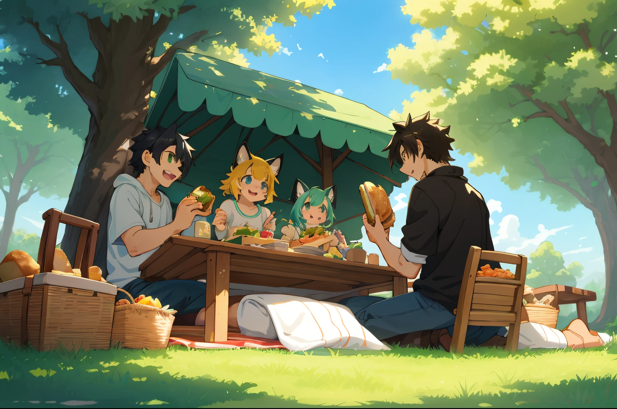 cover page, anime key visual, highres, top quality, best quality, paid reward available, High-quality illustrations, unparalleled masterpiece, perfect artwork, absurdres(heartwarming family picnic scene)(in a lush green park)(kemono family with two parents of diverse descents and a child)perfect anatomy, sitting on a colorful blanket, parents smiling and taking out food from a picnic basket, child reaching for a sandwich, cheerful and relaxed atmosphere, bright sunny day, trees in the background, fan-created work shared on platforms Pixiv or Twitter, cinematic lighting, dynamic angle,