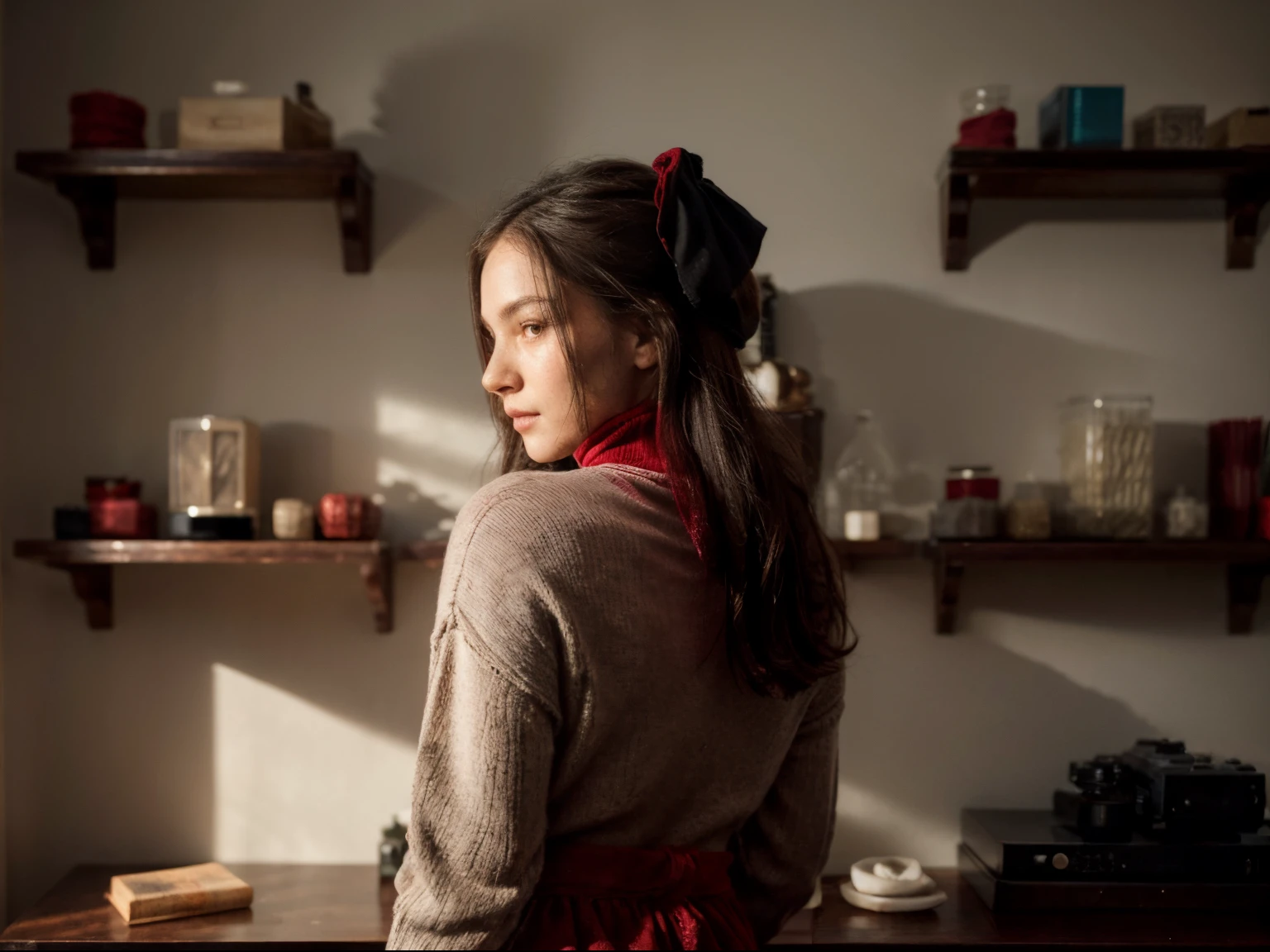 we see a 29 yo woman from behind, she has long black hair, she's a yoga instructor, standing about 5ft 5 tall with a (((RED VELVET BOW:1.2))) in her long dark hair, we clearly see the (red velvet bow) in her hair, she has a ((BLACK roll-neck sweater:1.4) on), tucked into her worn blue jeans, and she's wearing modest flat shoes with no socks, she's placing something on a book shelf in her bedroom, the book shelf has small succulents, a fashion book, perfume bottle, and we lovingly watch her and we capture every detail with the highest quality Leica camera we own, it captures every detail and deepens the shadows, she's lovely, a relaxed moment, interior bedroom, realistic photo, (49% of photo is black in drawing:1.4), (red velvet detail:0.9)), (black turtle neck:0.3) , (early sunrise light:1.1), (Rembrandt lighting:0.9) ,(relaxed intimate photoshoot), cozy relaxed, catching us, beautiful hands, gorgeous soft warm lighting:1.4, ((high contrast)), (deep, darkest shadows), (shadow details:1.0), ((taken using Leica camera, aperture: f/2.3)) , hyper-realistic skin, pores, scar, mole, relaxed moment, natural light glow, (romantic light:1.2), radiant skin, perfect relaxed hands, perfect fingers, a work of art, beautiful composition, golden ratio, contrast, inspiring, (highest quality fabric texture), every detail,Fine facial features – (Highest Quality) ,Leica camera film, High quality ○○ detailed – ○○ details ultra detailed(Ultra-fine ), Photorealistic
