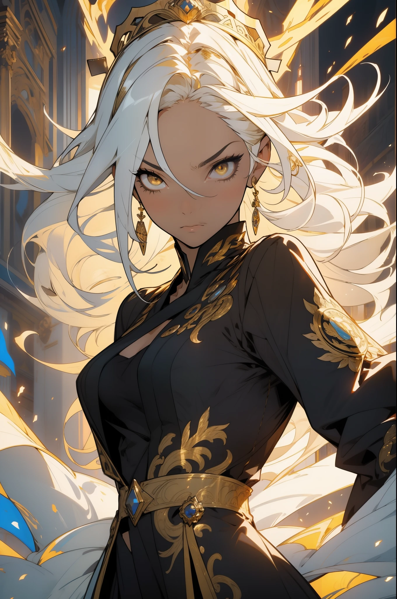 (looking at pov) highly detailed face, realistic face, falling toward pov, (oversized clothes:1.2), miniskirt,  (dark coat with ornate golden embroidery, golden embellished), (white hair, golden streaks on hair), yellow eyes, thigh strap, (neo city), (clouds), add_detail:1, hair over one eye, largest_breasts!!, (ultra-detailed), hyper details, (intricate details), (cinematic light, best quality Backlights), from pov, perfect body, ), (crown: 1.1), Proud, high contrast, (best illumination, an extremely calm and beautiful),, brown skin, Daylight, 1girl, gold skin, jujutsu kaisen style, (masterpiece), best quality, Character casting a powerful magical spell., , Energy radiating from the character's body., Intense concentration on the character's face.