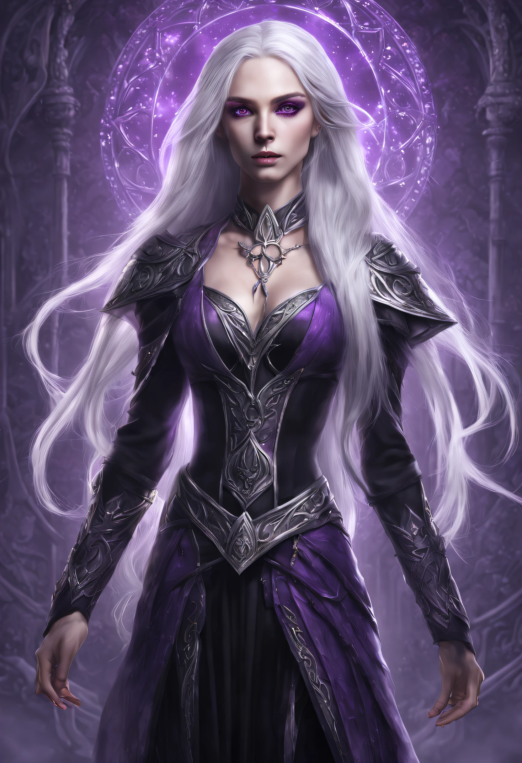 beautiful female elf, German features, Long flowing silver hair, radiant violet eyes, white a slight ethereal glow typical of high elves skin, image in purple tones, black clothing, black dress with bright occult symbols, serious expression, semi-transparent, professional rendering, on the front there is a semi-transparent symbol, ultra-detailed, ultra-realistic