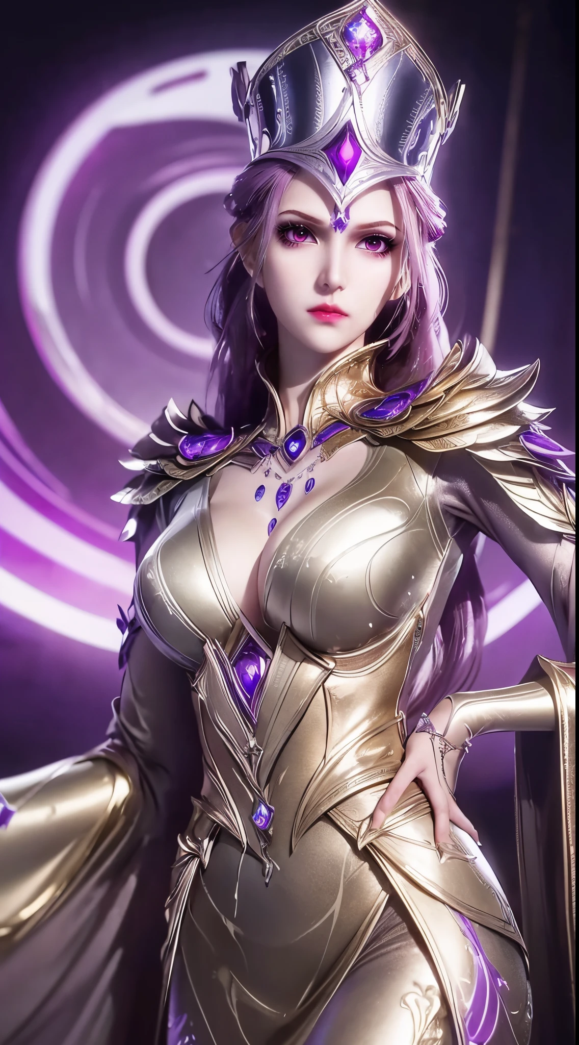 1 Sexy goddess wearing sexy purple armor, There are many complex and delicate patterns on the armor, thin armor, deep slit shirt, long, silky purple hair, Wearing a purple and silver spear cap, The most beautiful、The most delicate hair accessories, Pretty little face and thin eyebrows, The most beautiful、Spotless face, ((black iris:0.8)), verybeautifuleyes, big and round eyes, ((dark purple eyes:1.1)), Exquisite makeup eyelashes, a tall nose, Wear earrings, small red lips, rosy face, Clean face, Beautiful face without blemishes, smooth fair skin, ((Large breasts: 0.9)), blossom flower, ((bigger, Round chest:0.9)), ((super tight breasts:1.2)), ((breast enhancement: 0.8)), beautiful boobs, Slim petite body, ((big chest and thin waist: 0.9)), Upper body of a beautiful girl, Hot and sexy petite body, Sexy girl, a skirt, 8k photograph, Super quality, hyper realisitc, 10x super pixels, Shoot real, dark studio, Bezel light, dichroic light, (Detail skin high: 1.2), 8k ultra high definition, SLR camera, Soft lighting, high high quality, volumettic light, Frankness, photore, A high resolution, optics, The best photos, 4k画质, 8K, bokeh, Smooth and sharp, 10x more pixels, (background space: 1.8), (galaxias: 1.7), extreme light, safe, Super graphics, The most realistic graphics,(Aurorabackground: 1.8), Alone, Alone, Portrait 9:16, Extremely sharp, surreal image,