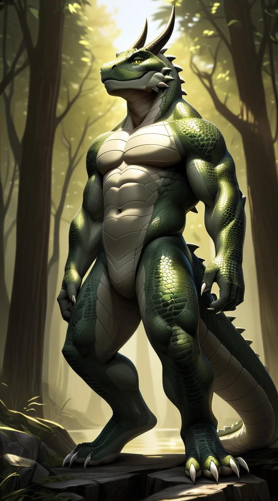 ((nj5furry, solo, full body perspective, masterpiece, chest level shot, standing, calm expression, (anthro), looking at viewer, high resolution, 4K, photorealistic)), male, adult, ((lizard-face, detailed scales, extremely detailed, short-length horns, muscled body, four toes, clawed toes, two-tone scales, medium-length tail, green and grey body)), gold eyes, high contrast, dynamic composition, swamp background, daylight, (clawed hands, white claws)