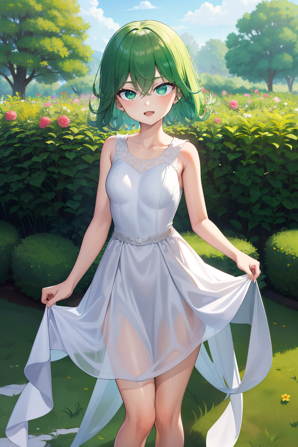 masterpiece, best quality, highres, aarurutie,1girl, wedding dress, white dress, standing, garden, smile, open mouth, short green hair, curly hair, ,