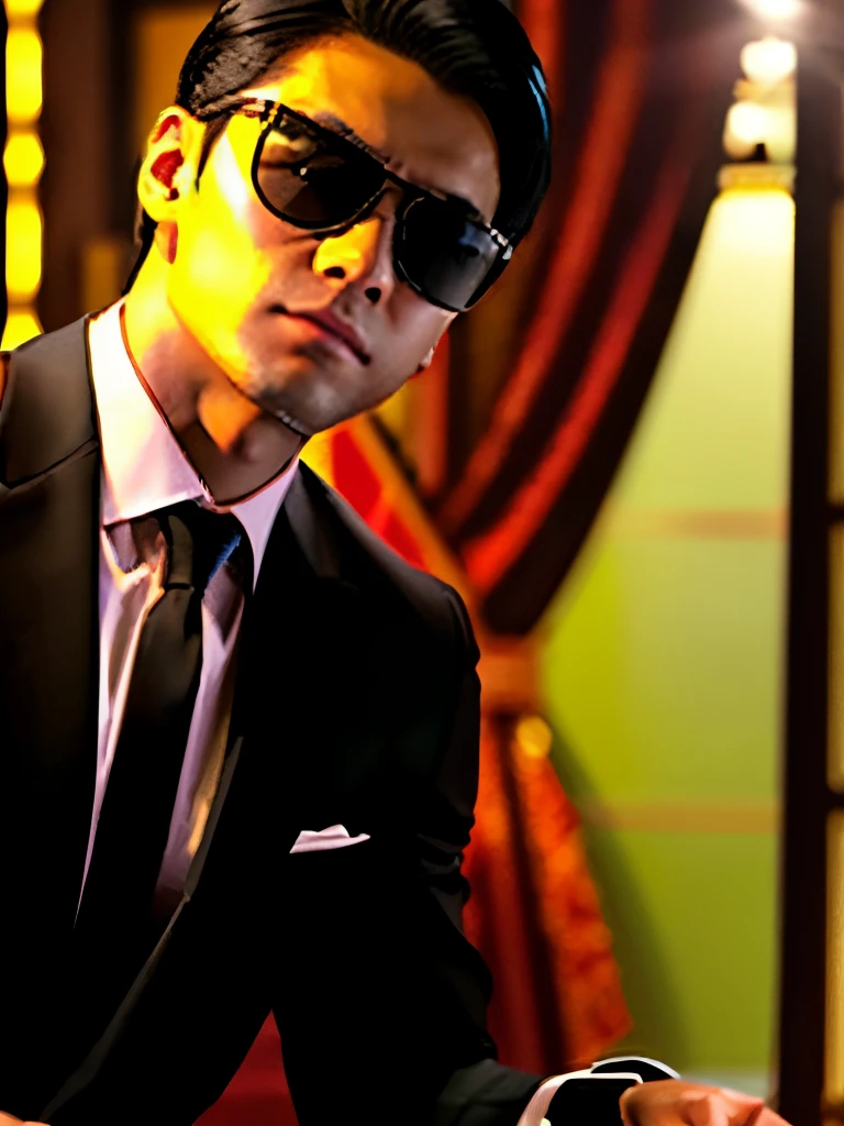 Best Quality、profetional lighting、Top image quality、masterpiece、Live-action depiction、The background is of the best quality、male people、wears a suit、Dark Bar、Wearing black sunglasses、Black tie、Hairstyle is 2 blocks、A dark-haired、Neutral facial features、japanes、twinks、