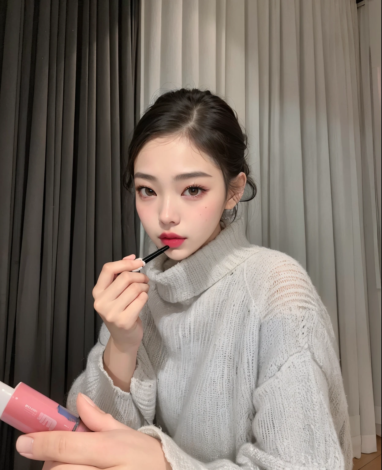 there is a woman holding a lip bale and a lipstick tube, blackpink jennie, kiko mizuhara, xintong chen, lulu chen, wenfei ye, popular korean makeup, popular south korean makeup, gongbi, chengyou liu, louise zhang, mingchen shen, qifeng lin, by Ni Tian, heonhwa choe, with professional makeup