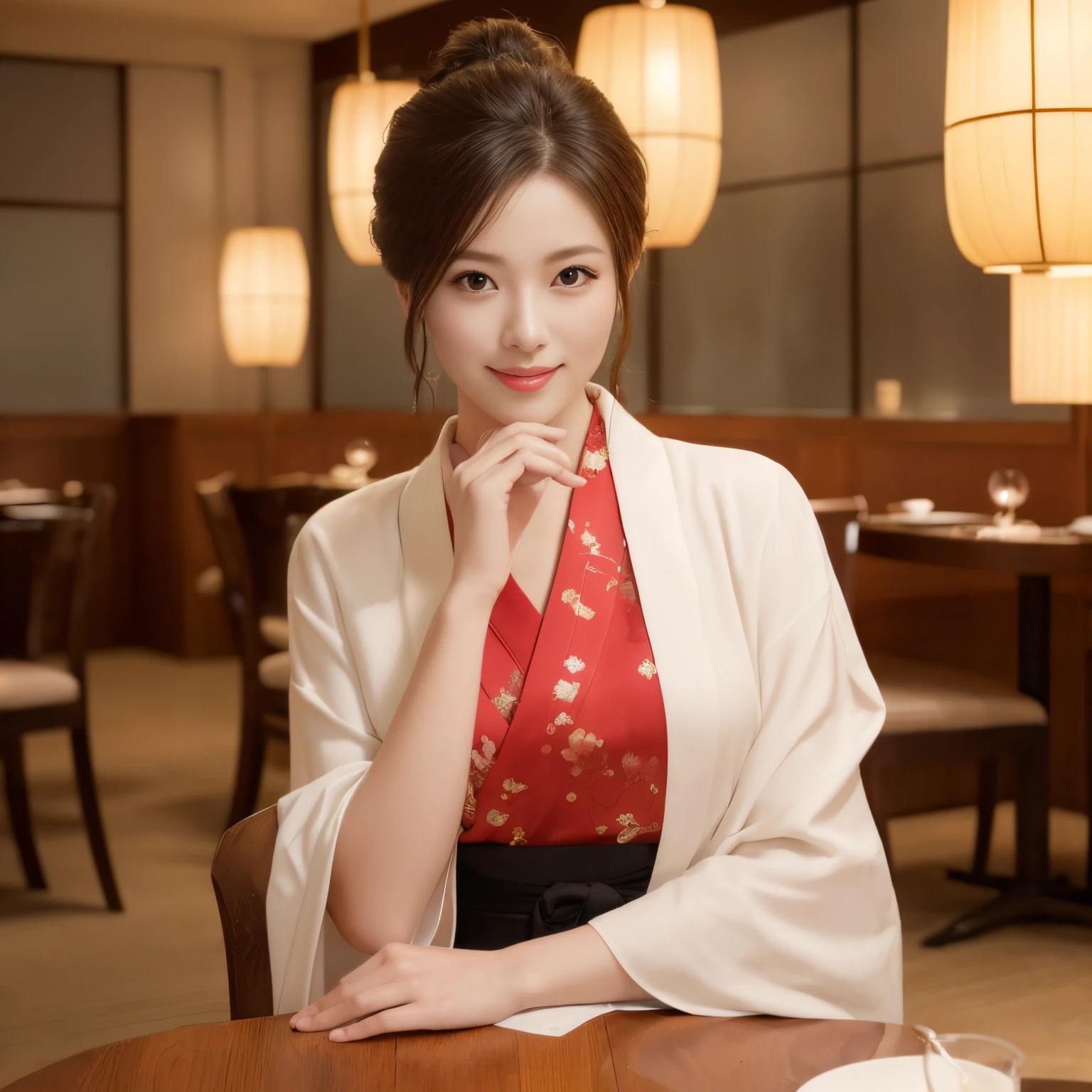 ((top-quality、masutepiece、8K、Top image quality、super-fine))、1 beauty、Photo from the waist of a woman、Mature Woman、very luxurious kimono、very elegant kimono、woman with elegant posture、Chignon、Perfect makeup、The background is a high-class restaurant.、elegant warm lighting、((Japanese-style room with very elaborate decoration、High class restaurant in Ginza、Luxury stores in Ginza、Elegant lighting、A very luxurious and detailed Japanese room、The most luxurious and elegant Japanese room、The most luxurious Japanese room in the world))、She's looking at me、Smile at me、perfect anatomia、A detailed face、Perfect fingers、Perfect makeup