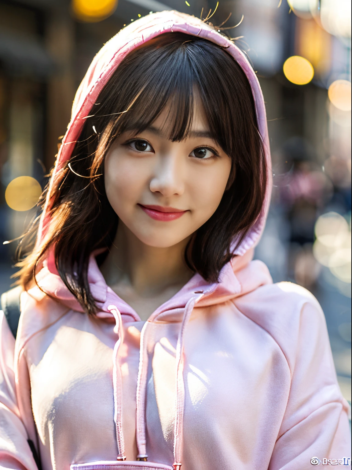 (8K, Raw photo, Best Quality, masutepiece:1.2), (Realistic, Photorealsitic:1.4), (Very detailed 8k wallpaper), Sharp Focus, depth of fields, blur backgroun, Bokeh,  Cinematic lighting, Soft light, Upper body, 18 year old cute Japan woman、Idle face,Delicate girl、Black Long Hair、Beautiful hairstyle、 (pink hoodie: 1.5), Smile