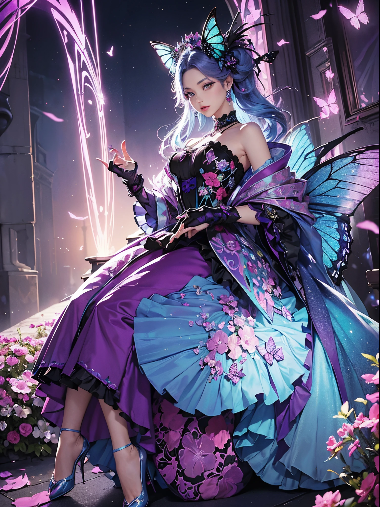 Butterfly motif、magenta and blue tones、Vibrant colors、((​masterpiece)))、(((top-quality)))、((ultra-detailliert))、(A hyper-realistic)、(highly detailed CGillustration）、Official art、Decadent、Madame Papillon、Cool Beauty、Warsaw in the first half of the 20th century、Masquerade、refinement、Elegance、Gorgeous、、Colorful and detailed mask design、matchless beauty、Fans、gorgeous dress、jewely、Perfect Angle、perfect-composition。full body Esbian