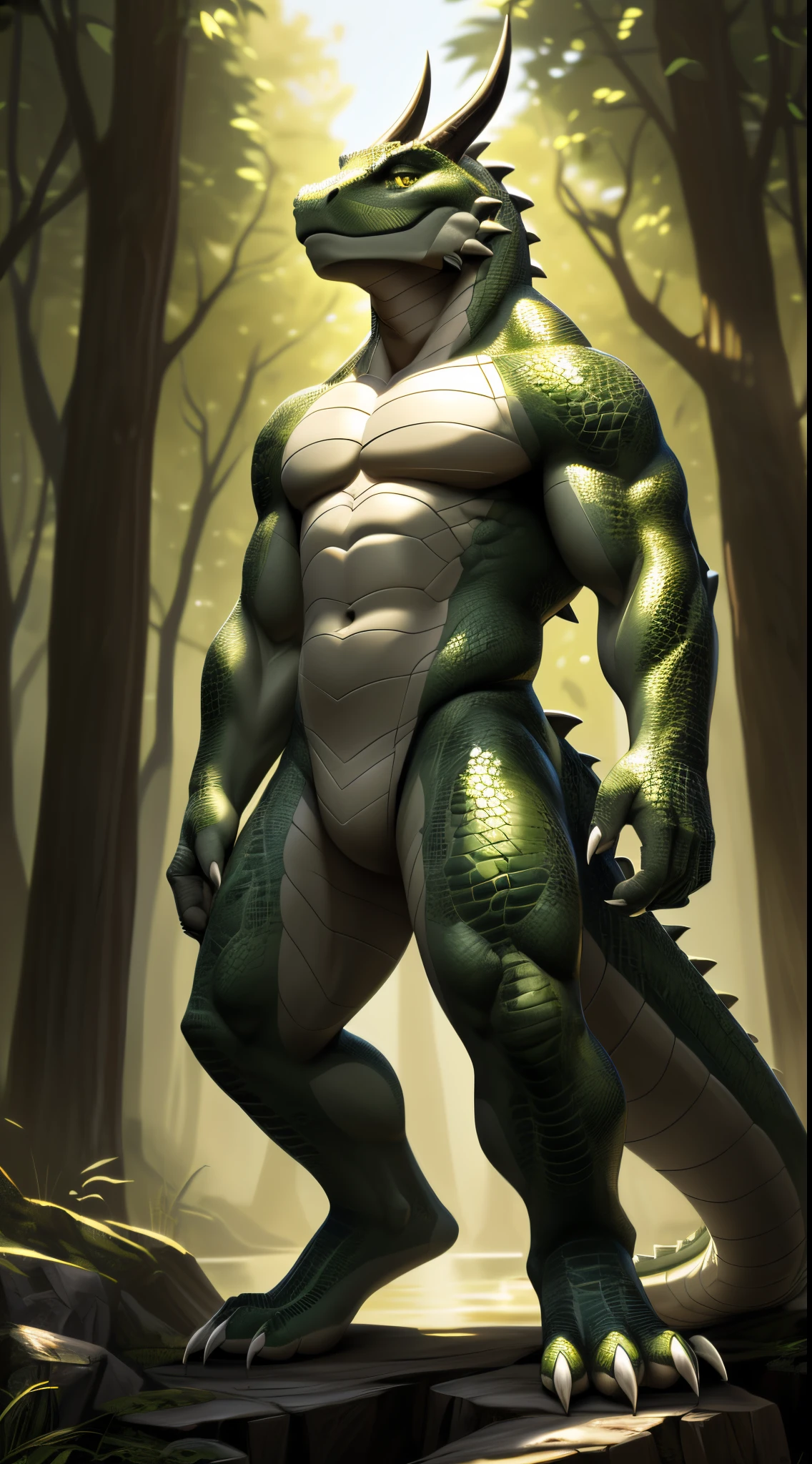 ((nj5furry, solo, full body perspective, masterpiece, chest level shot, standing, calm expression, (anthro), looking at viewer, high resolution, 4K, photorealistic)), male, adult, ((lizard-face, detailed scales, extremely detailed, short-length horns, muscled body, four toes, clawed toes, two-tone scales, medium-length tail, green and grey body)), gold eyes, high contrast, dynamic composition, swamp background, daylight, (clawed hands, white claws)