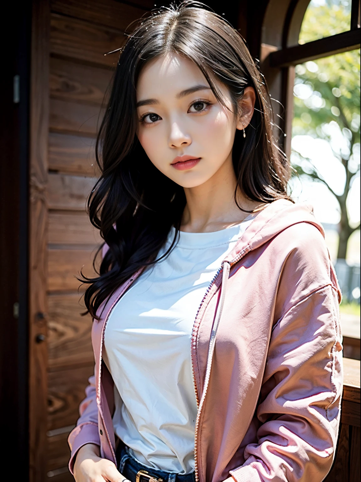 best quality,8k,high resolution,masterpiece:1.2,ultra-realistic:1.4,ultra-detailed 8K wallpaper,pin-sharp focus,depth of field with blurred background,movie-like lighting,soft lighting,upper body view,18-year-old adorable Japanese idol,long black hair delicate girl,pink hoodie:1.5,shy smile