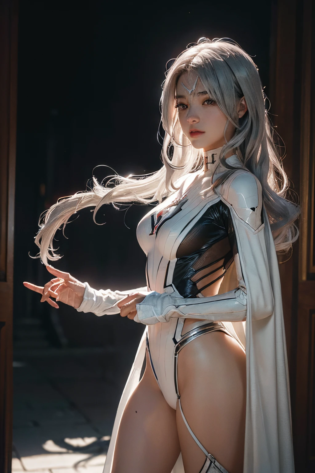 (Extreme Detail CG Unity 8K wallpaper, masterpiece, highest quality), (Exquisite lighting and shadow, highly dramatic picture, Cinematic lens effect), a girl in a white Spider-Man costume, silver gray hair color, from the Spider-Man parallel universe, Wenger, Marvel, Spider-Man, she walks in the old temple, dynamic pose), (excellent detail, excellent lighting, wide angle), (excellent rendego on temple, enough to stand out in its class), focus on white Spider-Man costumes, complex spider textures