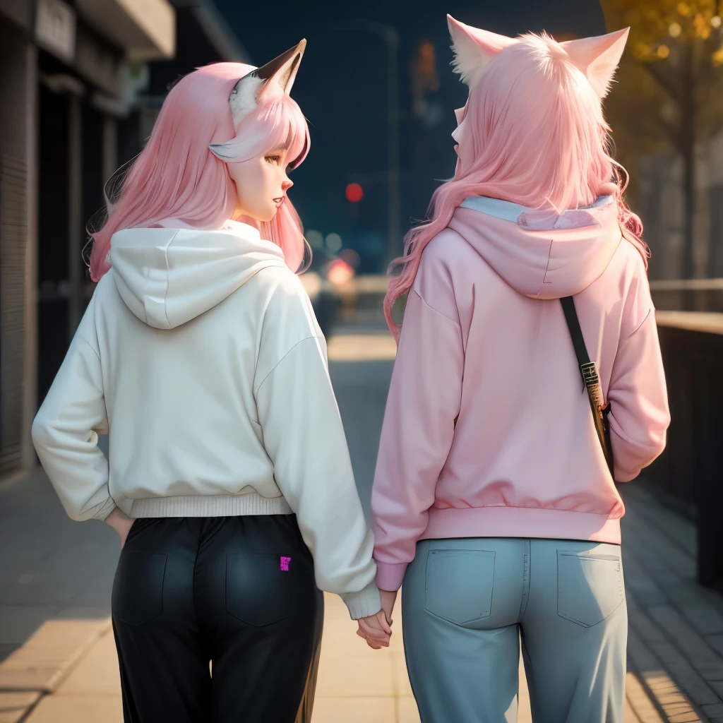 White fox ears and tail, long pink hair, baggy hoodie, mini pants, female