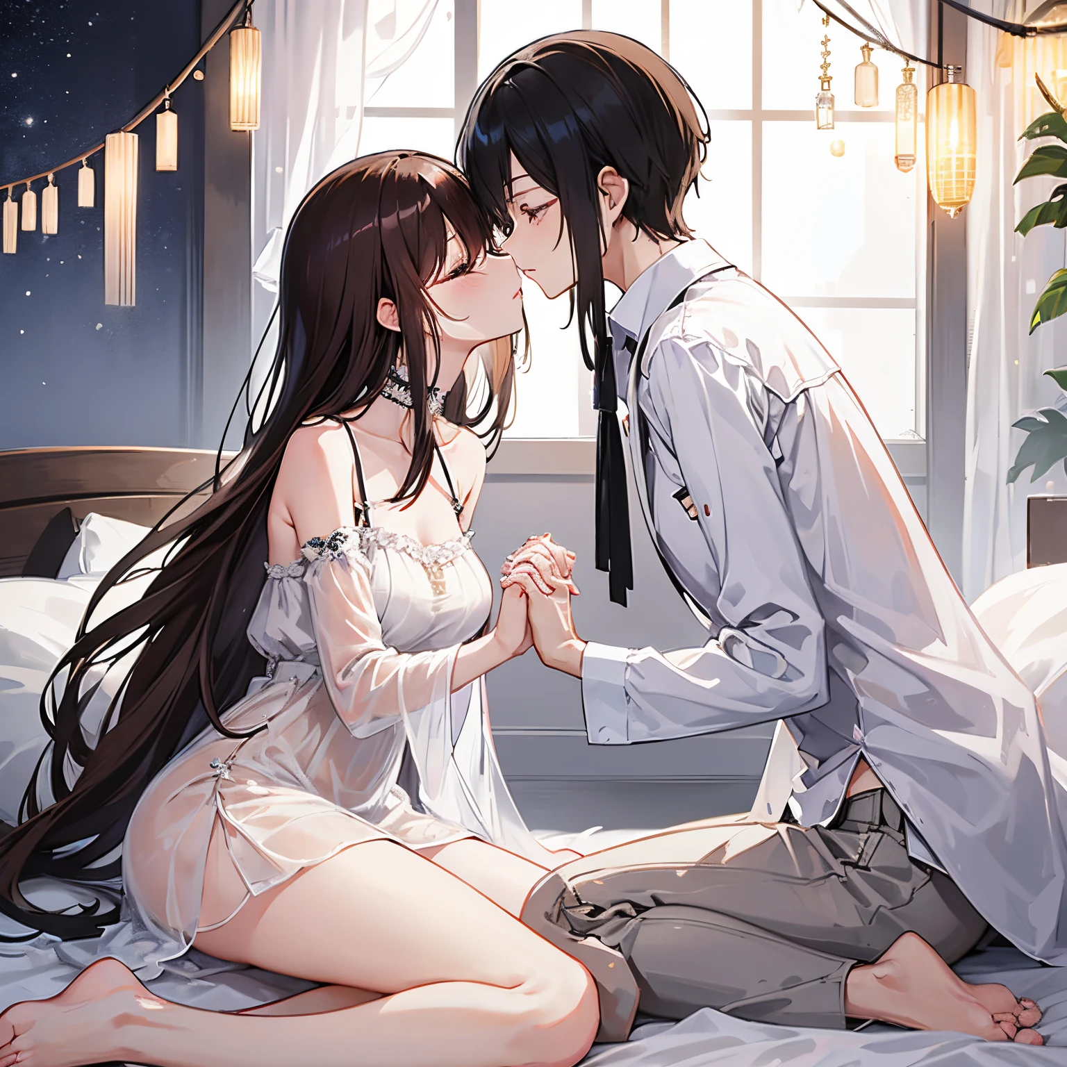 (masutepiece)(high-detail)Male and female couples in their 20s、1 male, 1 female、Light clothing for both men and women、During a kiss、Romance for women、Glossy atmosphere、Glossy look、Saliva spills、Holding hands、Lover Tsunade、Devour each other with desire、Flirting、femele(Brown hair semi-long、negligee、closing eye)、Sweet sigh、male people(black hair shorthair、legs showing、Close your eyes strongly)、Background with(a room、a bed、Turn off the light、closed curtains)、deep in the night、The dim