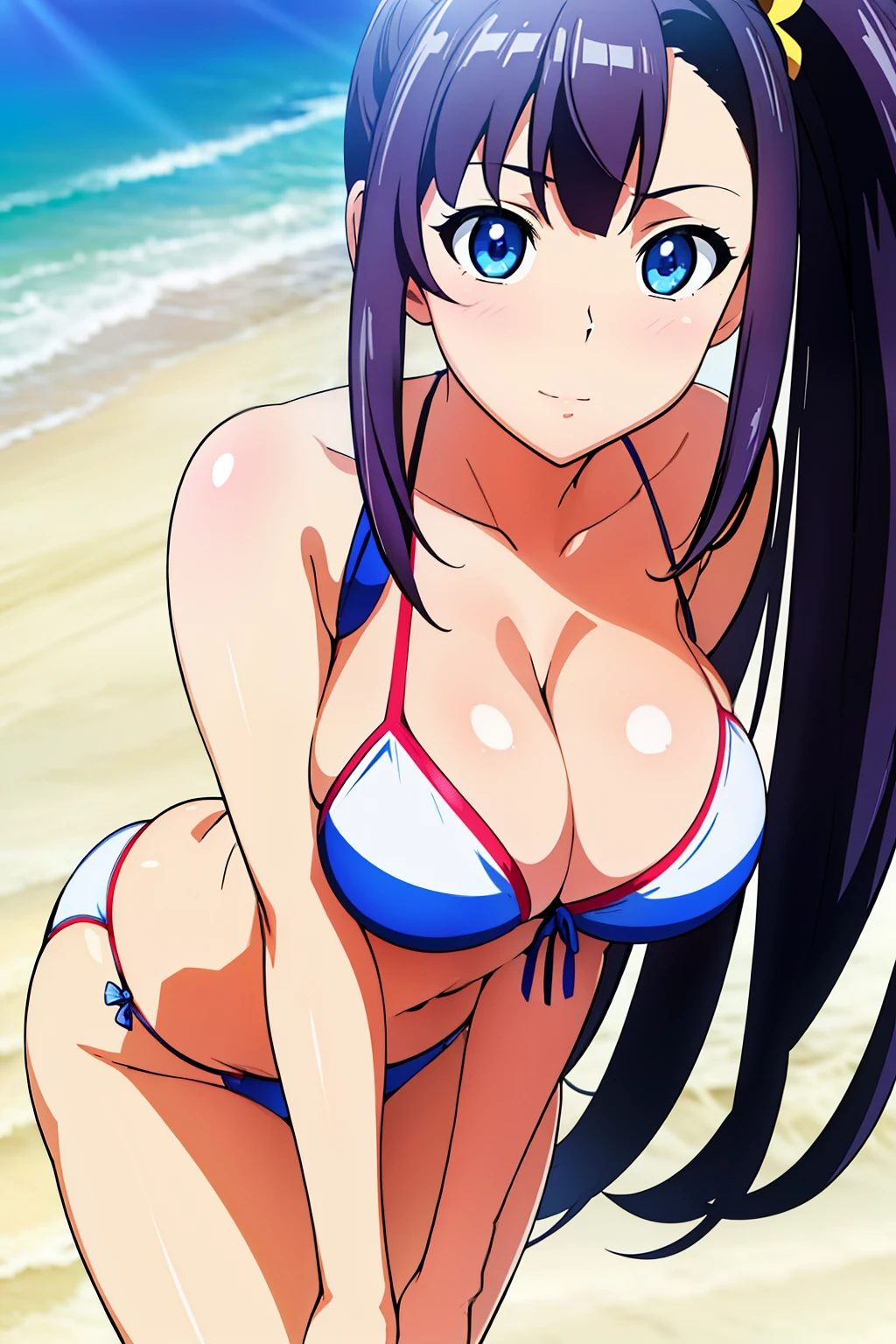 Beach,Palm Tree, Sun,Sea,Blue sky,
teats,Bikini Bottom,鎖骨, cleavage, Bare shoulders, 
Blue eyes, Purple hair, Bangs,Side Ponytail, Hair Ornament, 
1 girl, 20yr old,infp young woman,Beautiful Finger,Beautiful long legs,Beautiful body,
Beautiful nose,Beautiful character design, Perfect eyes, Perfect face,Expressive eyes,Perfect balance,
Looking at Viewer,(Focus on her face),Closed mouth, (Innocent_Big_Eyes:1.0),(light_Smile:0.3),
Official art,the Extremely Detailed CG Unity 8K Wallpapers, Perfect Lighting,Colorful, Bright_front_Face_Lighting,White skin,
(masutepiece:1.0),(best_quality:1.0), 超A high resolution,4K,Ultra-detailed,
Photography, 8K, nffsw, hight resolution, absurderes:1.2, Kodak Portra 400, Film grain, Blurry background, Bokeh:1.2, Lens Flare, (Vibrant_Color:1.2),professional photograpy,
(Beautiful,Large_breasts:1.4), (Beautiful_Face:1.5),(narrow_waist),