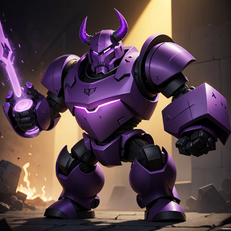 The P.E.K.K.A from clash royal. This is a robot that has a purple hue around it with purple horns and with black Armor