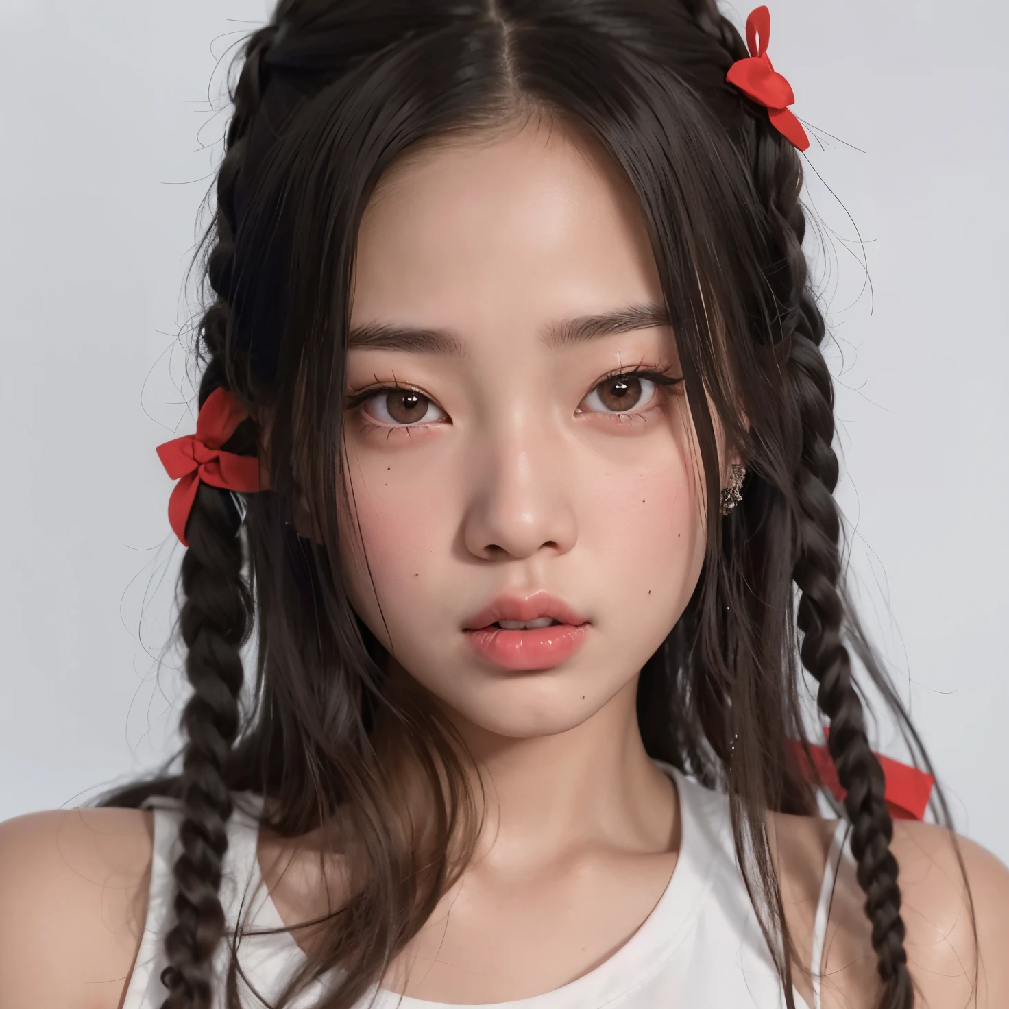 a close up of a young girl with long hair and red bows, pigtails hairstyle, blackpink jennie, two pigtails hairstyle, twintails hairstyle, with black pigtails, pigtails hair, jossi of blackpink, portrait of jossi of blackpink, wan adorable korean face, korean girl, pigtails, roseanne park of blackpink, park ji-min, pigtail braids