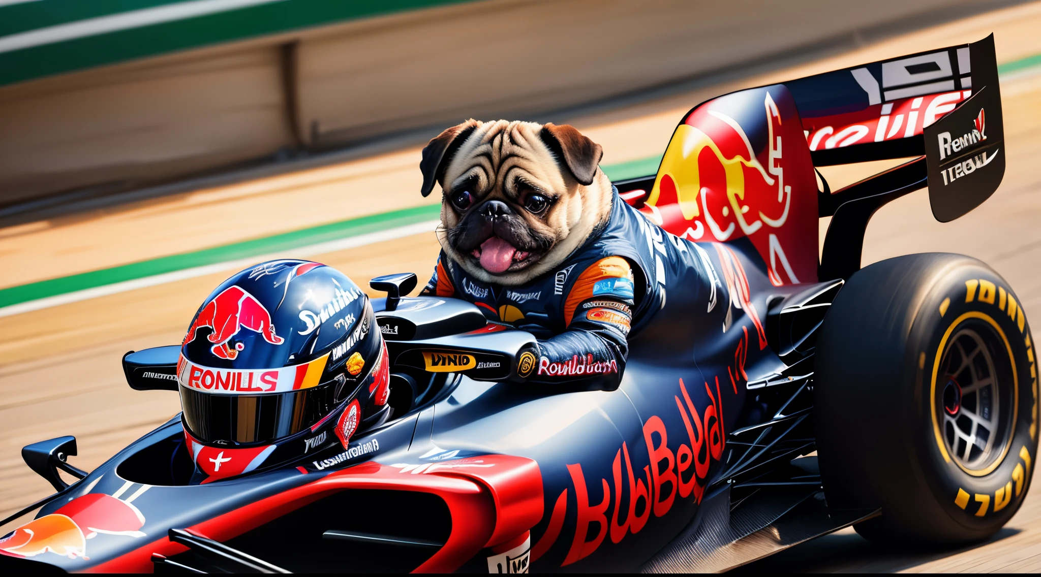 pug in redbull formula one suit