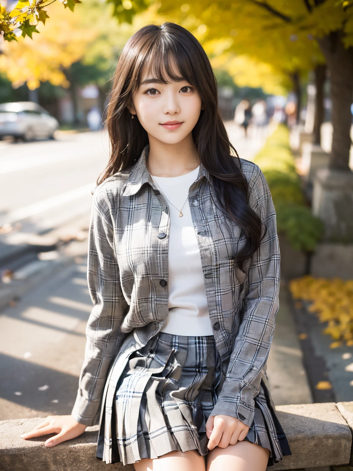 (8K, Raw photo, Best Quality, masutepiece:1.2), (Realistic, Photorealsitic:1.4), (Very detailed 8k wallpaper), Sharp Focus, depth of fields, blur backgroun, Bokeh, Cinematic lighting, Soft light, Upper body, (14 year old cute Japanese woman:1.3)、Teen、cute Japanese idle,(delicate nose)、Delicate girl、Black Long Hair、(realistic textured skin)、(Natural color lips)、(delicate bangs)、Beautiful hairstyle、(tthin eyebrows)、autumn city、(student clothes:1.5), (gray check pleated skirt:1.4),above thighs、Smile