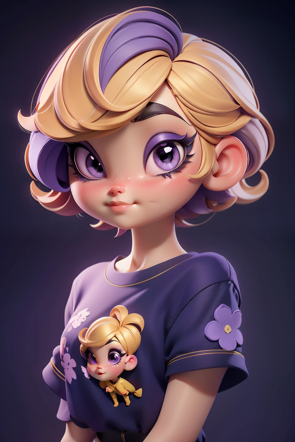 letter, 3D Face Pattern, Sweet and delicate girl, With short dyed hair ,Golden Girl,black makeup,long lashes,Purple T-shirt