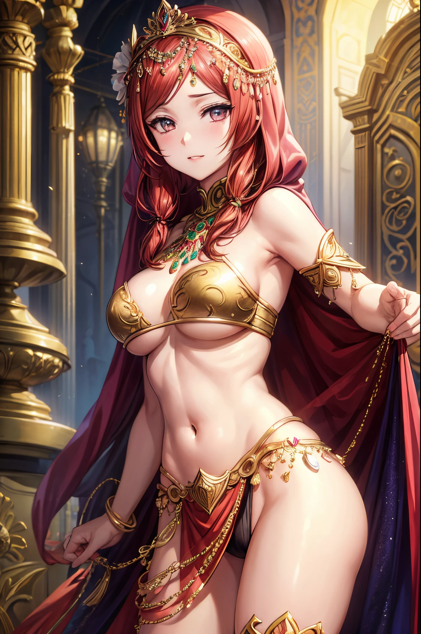 ((best quality)), ((masterpiece)), (detailed), bellydancer ,jewelry, laying, moist skin, arabian clothes, colorful clothes, turban/headband, nishikino maki, thighs, (lips:0.7), underboobs, facing away
