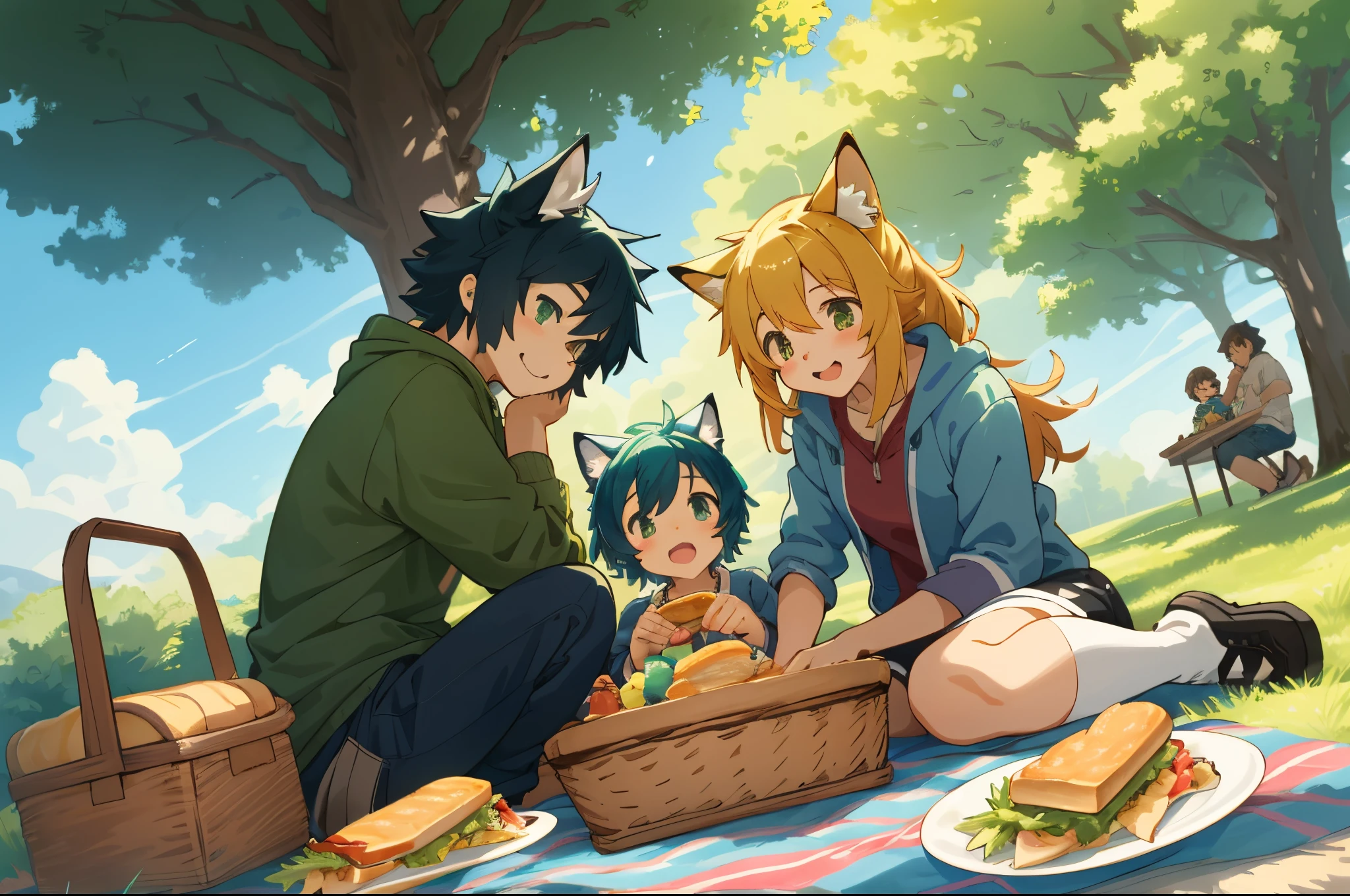 cover page, anime key visual, highres, top quality, best quality, paid reward available, High-quality illustrations, unparalleled masterpiece, perfect artwork, absurdres(heartwarming family picnic scene)(in a lush green park)(kemono family with two parents of diverse descents and a child)perfect anatomy, sitting on a colorful blanket, parents smiling and taking out food from a picnic basket, child reaching for a sandwich, cheerful and relaxed atmosphere, bright sunny day, trees in the background, fan-created work shared on platforms Pixiv or Twitter, cinematic lighting, dynamic angle,