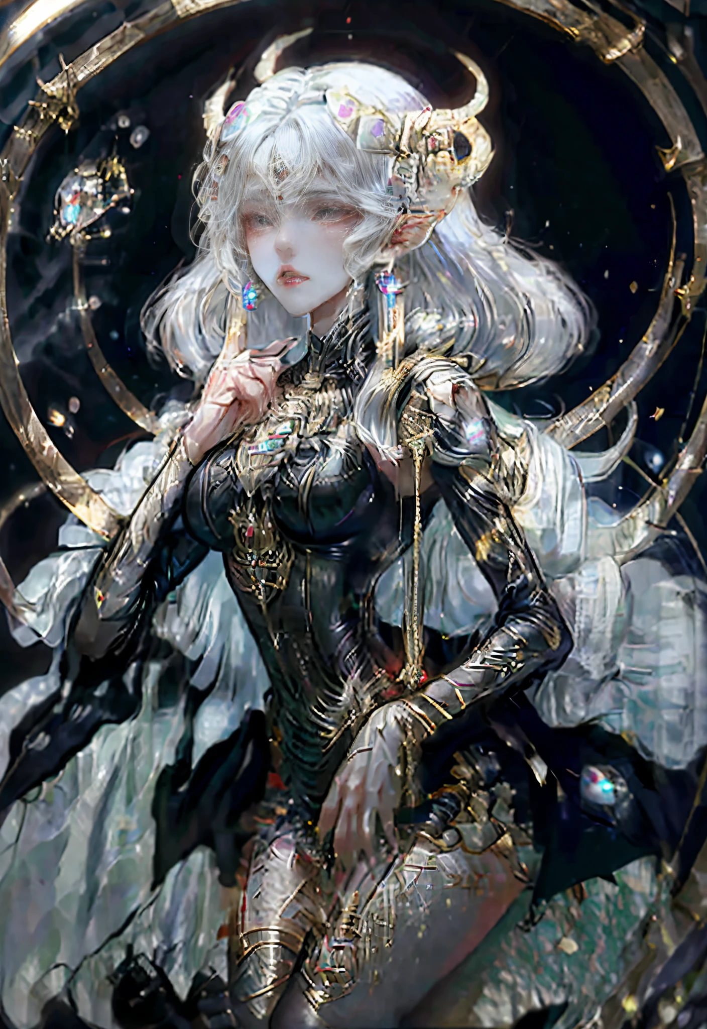 in front of church,an oriental goddess,Lupus,Bright Eyes,Serious expression,,Long silver hair,Big breasts,Perfect proportions for the body,穿著黑色Lupus聖鬥衣,Holding the broad sword tightly with both hands.Magic runes carved on the sword,8k,Movie Special Effects,movie lighting,Realism(1:0)