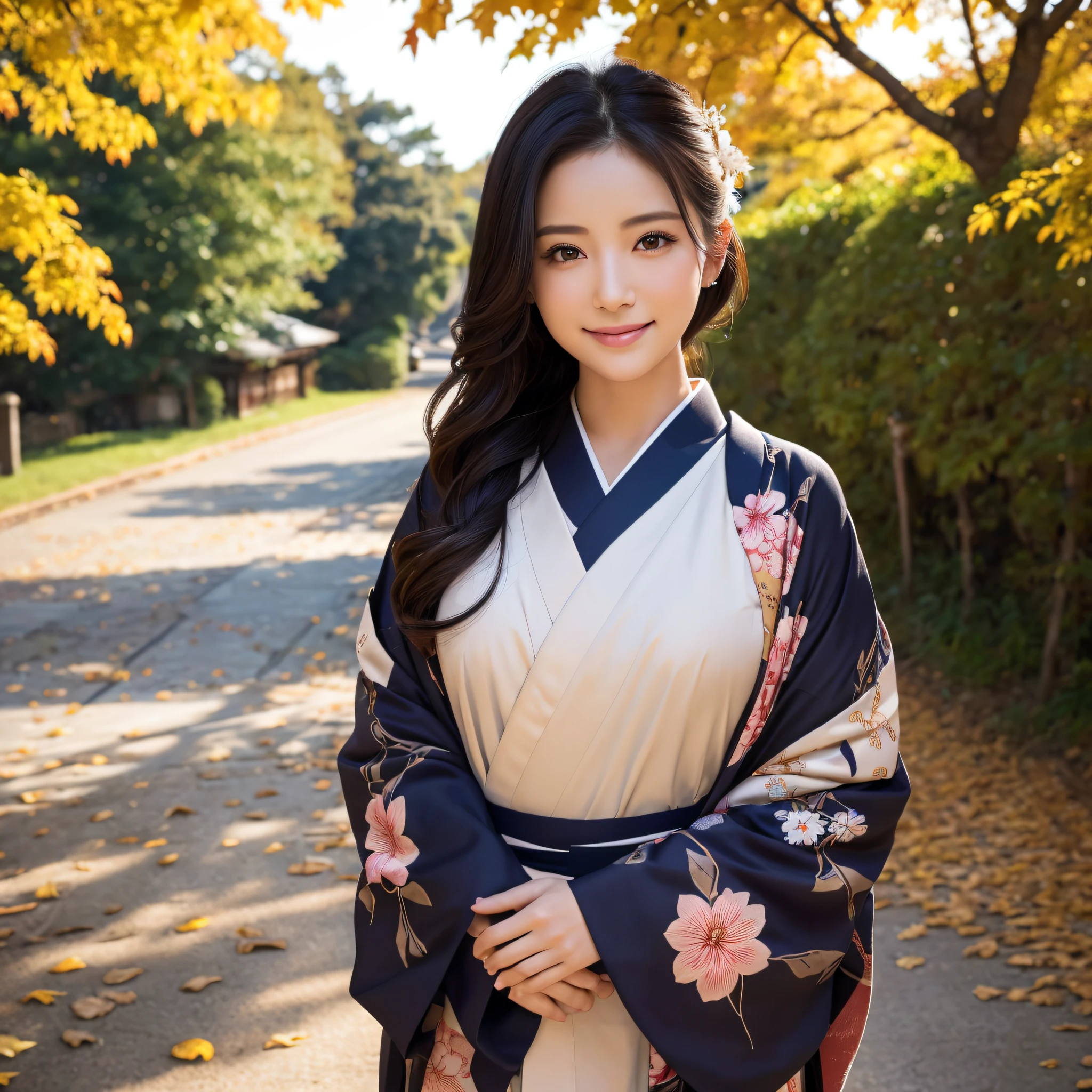 (Super beautiful woman in kimono)、((best qualtiy、8k masterpieces:1.3))、foco nítido:1.2、(ultra beautiful faces:1.0)、(shinny skin:1.0)、photos realistic、A dark-haired、Video Lighting、High-definition eyes and face、Video Lighting、Japanese actressl、from the front side、medium breasts、With a happy smile、wearing kimonos、Under the autumn leaves、highest grade obi