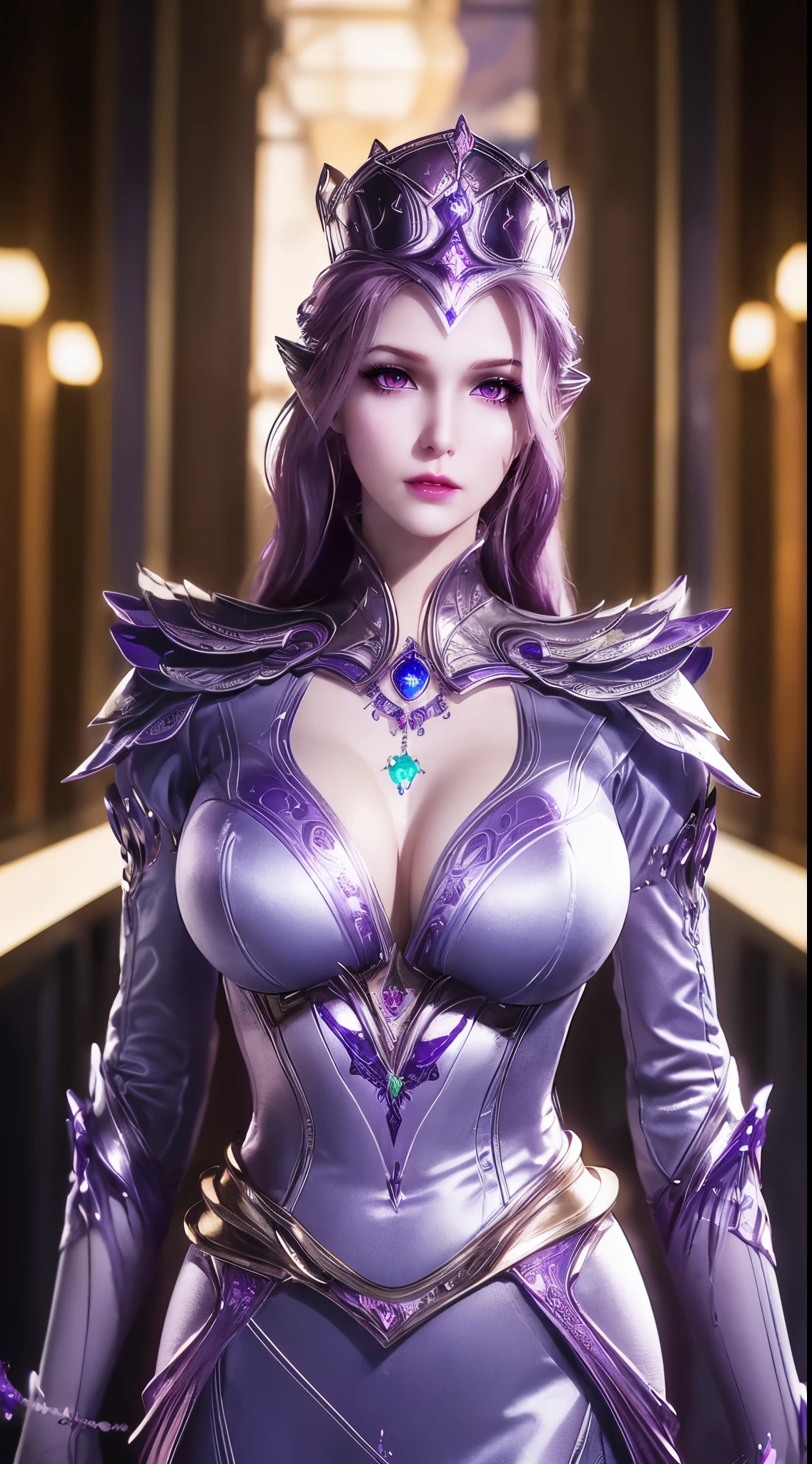 1 Sexy goddess wearing sexy purple armor, There are many complex and delicate patterns on the armor, thin armor, deep slit shirt, long, silky purple hair, Wearing a purple and silver spear cap, The most beautiful、The most delicate hair accessories, Pretty little face and thin eyebrows, The most beautiful、Spotless face, ((black iris:0.8)), verybeautifuleyes, big and round eyes, ((dark purple eyes:1.1)), Exquisite makeup eyelashes, a tall nose, Wear earrings, small red lips, rosy face, Clean face, Beautiful face without blemishes, smooth fair skin, ((Large breasts: 0.9)), blossom flower, ((bigger, Round chest:0.9)), ((super tight breasts:1.2)), ((breast enhancement: 0.8)), beautiful boobs, Slim petite body, ((big chest and thin waist: 0.9)), Upper body of a beautiful girl, Hot and sexy petite body, Sexy girl, a skirt, 8k photograph, Super quality, hyper realisitc, 10x super pixels, Shoot real, dark studio, Bezel light, dichroic light, (Detail skin high: 1.2), 8k ultra high definition, SLR camera, Soft lighting, high high quality, volumettic light, Frankness, photore, A high resolution, optics, The best photos, 4k画质, 8K, bokeh, Smooth and sharp, 10x more pixels, (background space: 1.8), (galaxias: 1.7), extreme light, safe, Super graphics, The most realistic graphics,(Aurorabackground: 1.8), Alone, Alone, Portrait 9:16, Extremely sharp, surreal image,