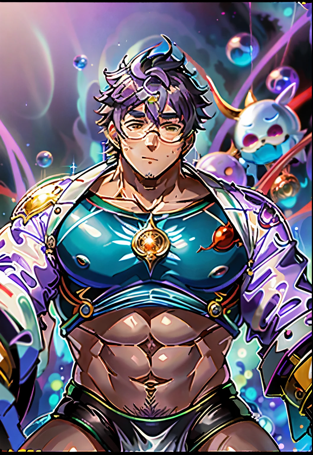 Purple hair, ((anime style)) high resolution, shadow, absurd, best_quality, ultra_detailed, 8K, extremely_clear, Photos, beauty, sharp focus, HDR, masterpiece, acura, 1 male god, handsome, young, tall muscular man, dark theme, magic array, bubble, rainbow sun, underwater, reflector, floating glass sheet, rainbow light, bubble vortex, wind vortex, aurora, fantasy landscape, starlight around characters, (upper body), underwater, giant whale, fantastic location, dream, flight, underwater cyberpunk city