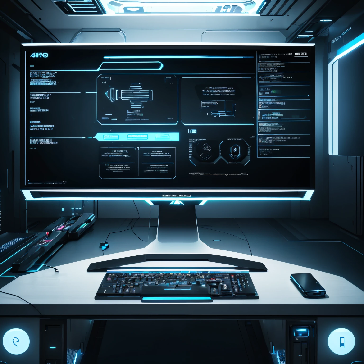 A glowing computer screen, sci-fi style, mechanical, unmanned, an intelligent computer. (best quality, 4k, highres, ultra-detailed), (HDR, studio lighting), (futuristic, cyberpunk), (metallic, glossy, shiny), (digital interface, holographic display), (sleek, minimalist design), (emitting bright light, neon glow), (advanced technology), (wireless, no cables), (AI-powered), (sophisticated algorithms), (responsive touchscreen), (smart sensor system), (multitasking capabilities), (cutting-edge hardware), (high-tech components), (streamlined user interface), (effortless user experience), (impressive processing power), (advanced data encryption), (seamless connectivity), (sleek and modern appearance), (enhanced productivity features), (immaculate attention to detail), (state-of-the-art innovation), (futuristic concept), (advanced user customization options), (fingerprint recognition), (voice command integration), (intuitive user interface), (zero latency), (immersive virtual reality capabilities), (sustainable energy consumption), (silent operation), (minimalist cable management), (uncompromising security measures), (ultra-fast data transfer speeds), (next-generation technology)