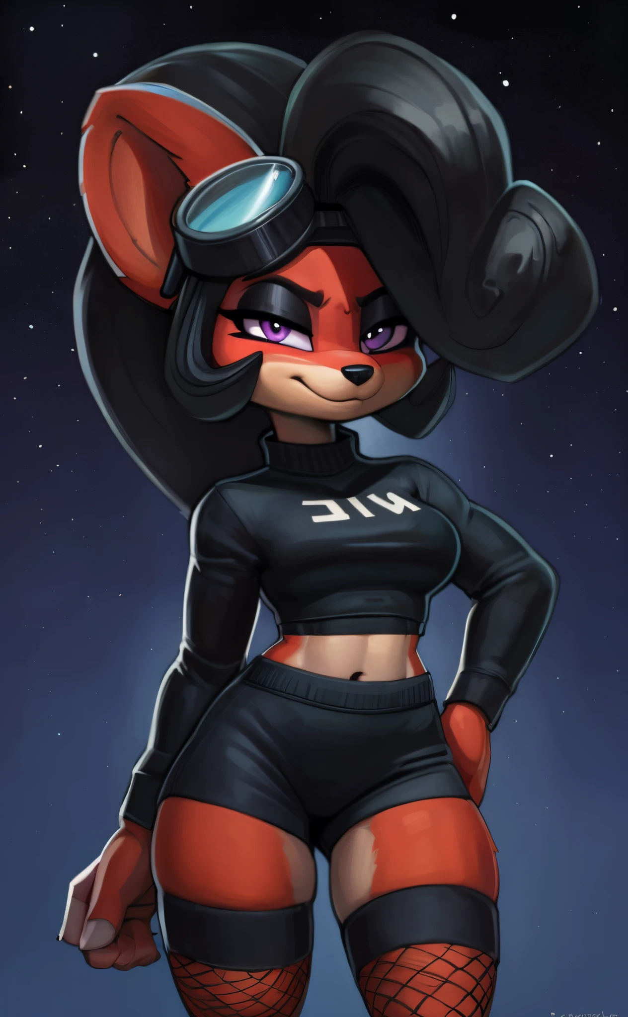 [Evil Coco bandicoot], [Uploaded to e621.net; (Pixelsketcher), (wamudraws)], ((masterpiece)), ((high quality)), ((HD)), ((solo portrait)), ((full body)), ((POV)), ((front view)), ((furry; anthro)), ((detailed fur)), ((detailed shading)), ((beautiful render art)), ((intricate details)), {anthro; red fur, black nose, (cute purple eyes), (black eyeshadow), (long eyelashes), black curly hair, curly ponytail, (small boobs), (beautiful legs), (blushing), (smug smirk)}, {(team rocket uniform), (black shirt), (red letter R on shirt), (midriff), (long sleeves), (black pencil skirt), (fishnet leggings), (goggles on head), (black thigh-high boots)}, {(standing), (looking at viewer)}, [background; (tropical forest), (nighttime), (starry sky), (purple smartphone)]