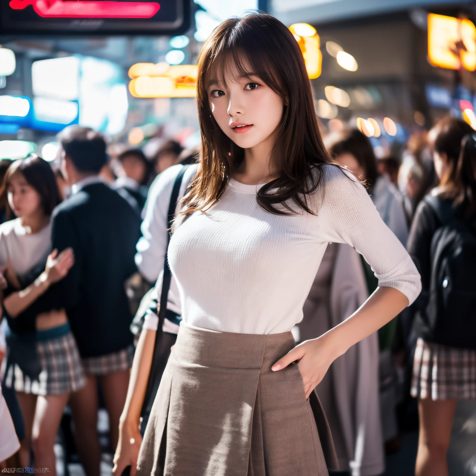 extremely detailed CG unity 8k wallpaper, best quality, ultra-detailed, masterpiece, realistic, photo realistic, extremely detailed cute girl, 20years old, (((skirt lift by myself))), (lifted by self),  panties , panties focus, blush, parted lips, looking at viewer  , half body shot  , (crowd), (crowded traffic light) , forehead