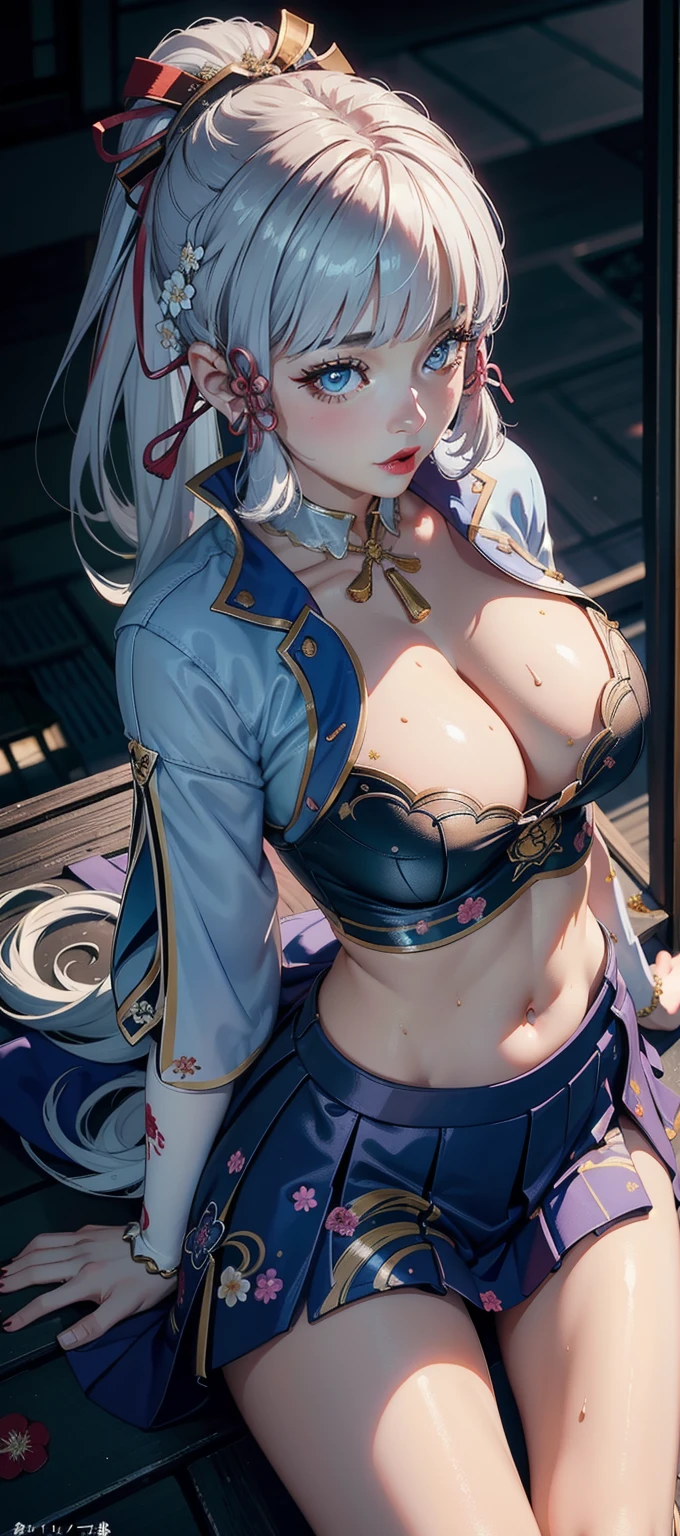 ((masterpiece)),(bestquality),((ultra-detailed)), ((beautiful detailed sky)), ((cinematic lighting)), depth of field, (dynamic angle),detailed lighting,(beautiful detailed eyes), ((japan night view)),red lip, eyeshadow,large breast, (erotic), ((sexy)), cleavage, navel, (kamisatoayakaspring), (((from above)))