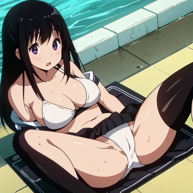 Best quality,A woman who is,Drenched,soaking wet,blackstockings,funk,Embarrassing,A white bikini,spread their legs,