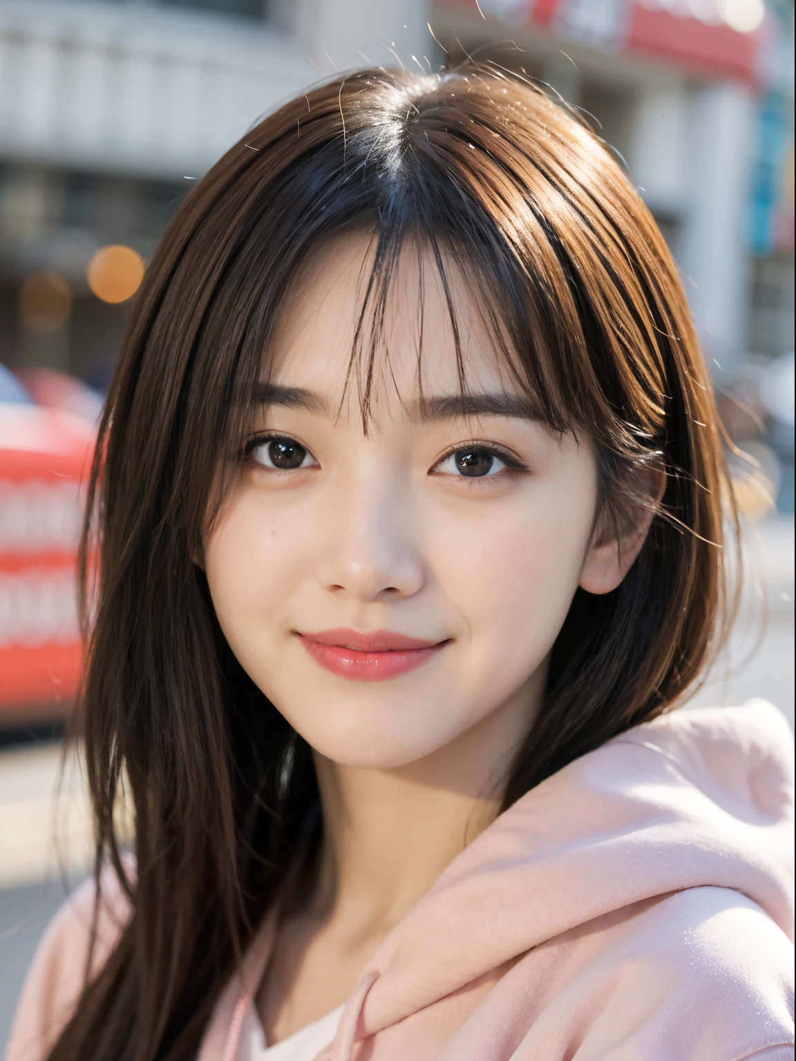masutepiece, Best Quality, 8K, 17-year-old woman,Teen、 Raw photo, Solo, japanes、Idol face, Delicate girl, long hair of black color、Aligned bangs、Beautiful hairstyle、Beautiful detailed eyes、Upper body, Digital SLR,  Sophisticated、realistic textured skin、Border pattern shirt、pink hoodie、a smile、thin arm、Professional Lighting,  chromatic abberation, (Eyes and faces with detailed:1.0), (Bokeh:1.1)