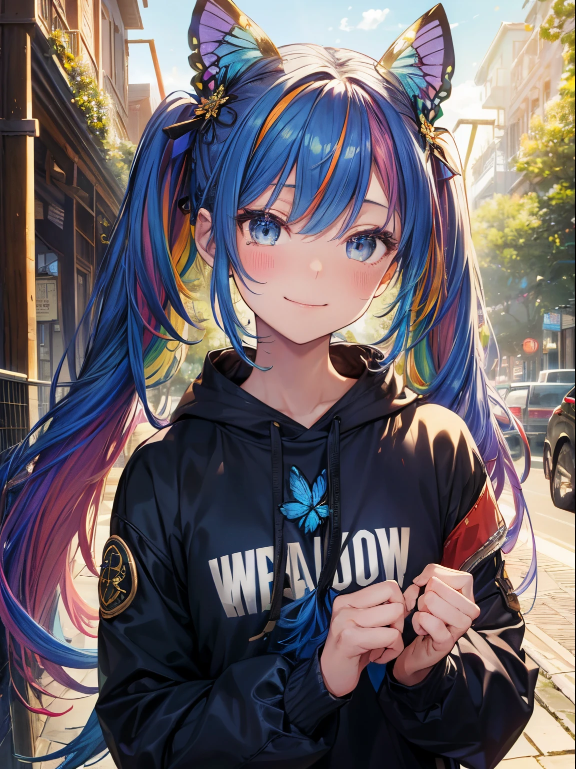 put a hoodie on your head、Butterfly Fairy、Metamorphosis、Bouquet of blue roses(The gesture of presenting a bouquet、Holding a bouquet of flowers in your hands)、Morning park、adventurer、adventure、daggers、(masutepiece:1.3), (8K, Photorealistic, Raw photo, Best Quality: 1.4), Beautiful face, (Realistic face), Beautiful detailed eyes, (Realistic skin), Attractive, Intricate details,Golden ratio, 1 girl,Naughty smile, (rainbow hair:1.4),((Long twintails,Ribbon 1.4)),Blue athletic wear,(Blue Butterfly Hair Ornament 1.3),parka,Dynamic Pose,Dynamic Angle,Intricate details, Hyper realistic、A smile、Smiling、Face enhancement、marason、Autumn Park、the morning sun、Luz Divina、Deities、Heaven、rainbows