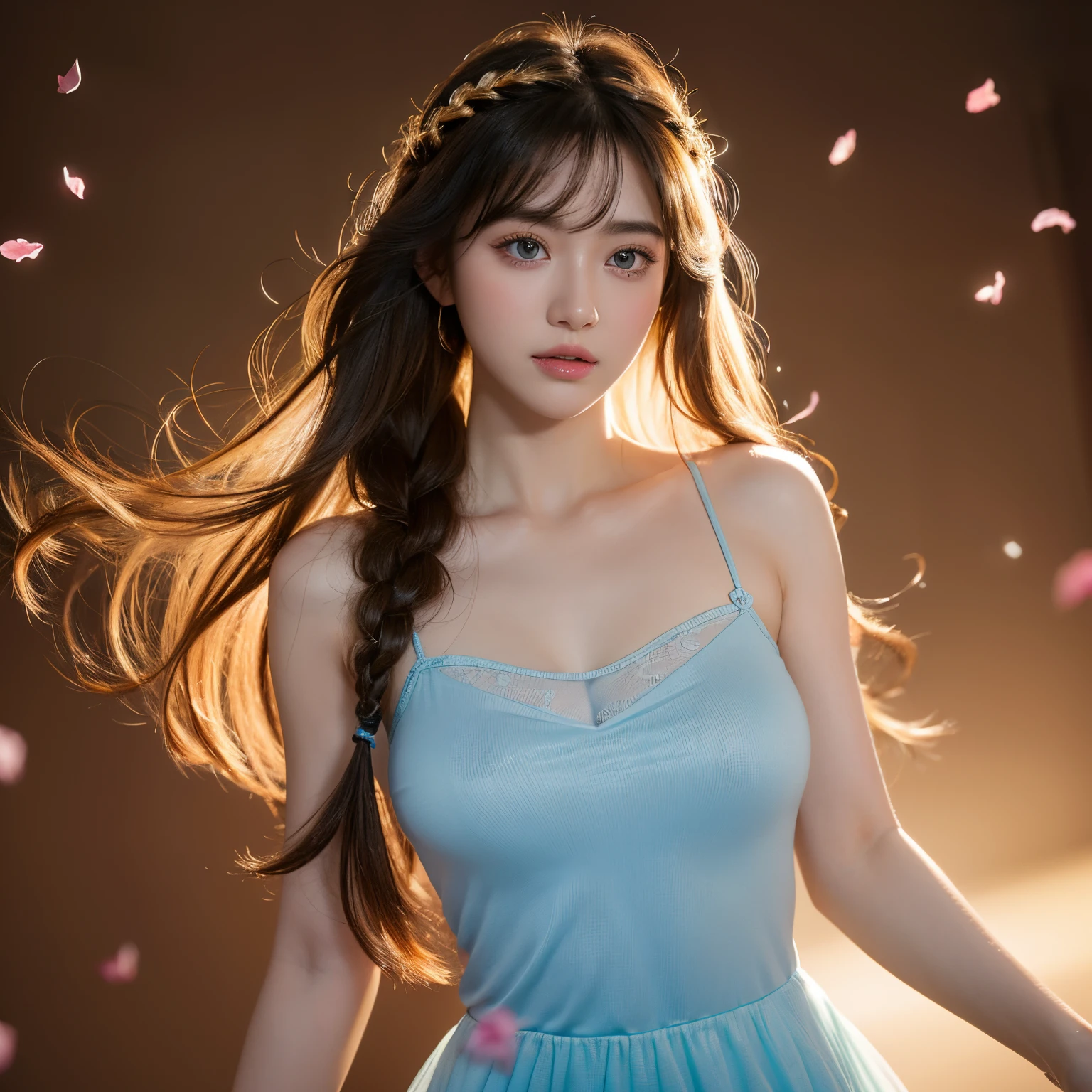 The best images, (8K, Raw photo, Realistic), Detailed and delicate depictions and flashy and dynamic drawing methods, Beautiful cute woman, Glowing blue big eyes, long eyelashes, Double eyelids, Light brown flowing layered braided bangs, Amorous expression, lewd expression, Huge breasts, Abs, slender, perfectly proportions, Red seductive moist big thick lips, Big loose fluffy girly camisole dress, Blurry background fantasy, Falling petals, Iridescent golden particles