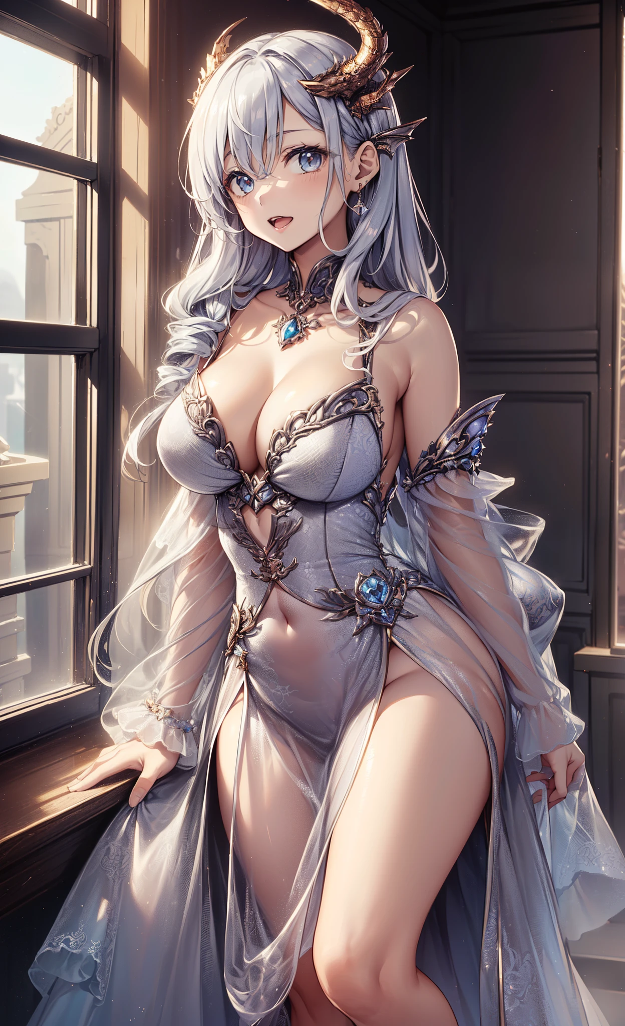 top-quality、Top image quality、tmasterpiece、girl ((Sixteen years old、medium ????? circumference、obsessed、tempting pose、??????? wide open,sliver long hair、micro-curly hair、having fun、Girl's face，charming body、Grand canyon、Transparent silver dress，Modern ???? clothing、Dragon Demon Princess）high high quality、beautiful art、Background with((natta、mysterious bedroom、Fantasy Dragon City outside the window)))、visual art、depth of fields、Diamonds adorn clothes、Full body lesbian、