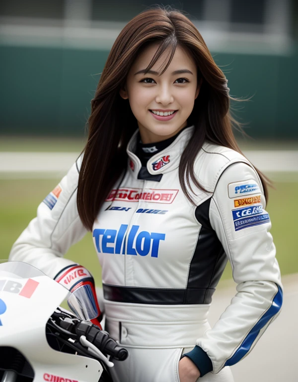 The highest image quality、Exceptional detail、超A high resolution、(Realstic:1.4)、high-detail、Favor the details、Highly condensed 1girl、Longhaire、delicate and beautiful face、Dressed in a white leather racing suit、Racing on a black motorcycle、The background is a race track、circuit、racer、Cool smile